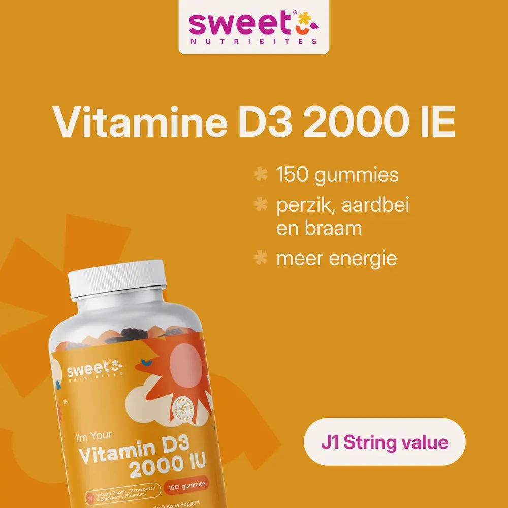 Vitamine D3 2000 I.E. gummies. Fles met etiket. 150 gummies. Smaak: perzik, aardbei, braam.