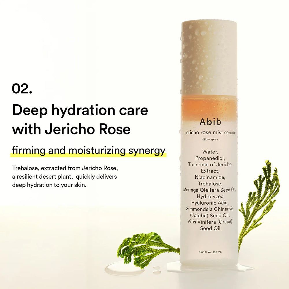 Bouteille Abib Jericho Rose Mist Serum avec plante de rose de Jéricho et texte sur les soins hydratants.