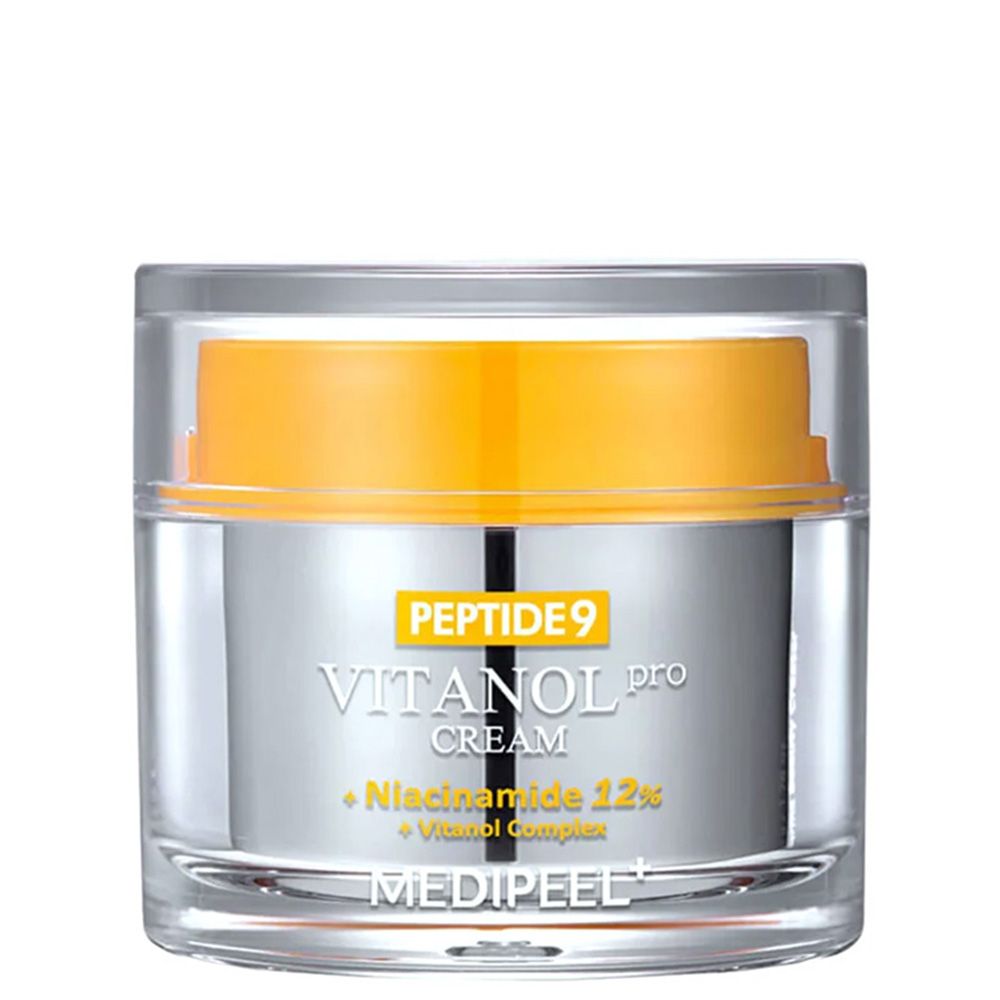 Crème pot met gele dop. Bevat Peptide 9 Vitanol Pro Cream, Niacinamide 12% en Vitamin Complex.