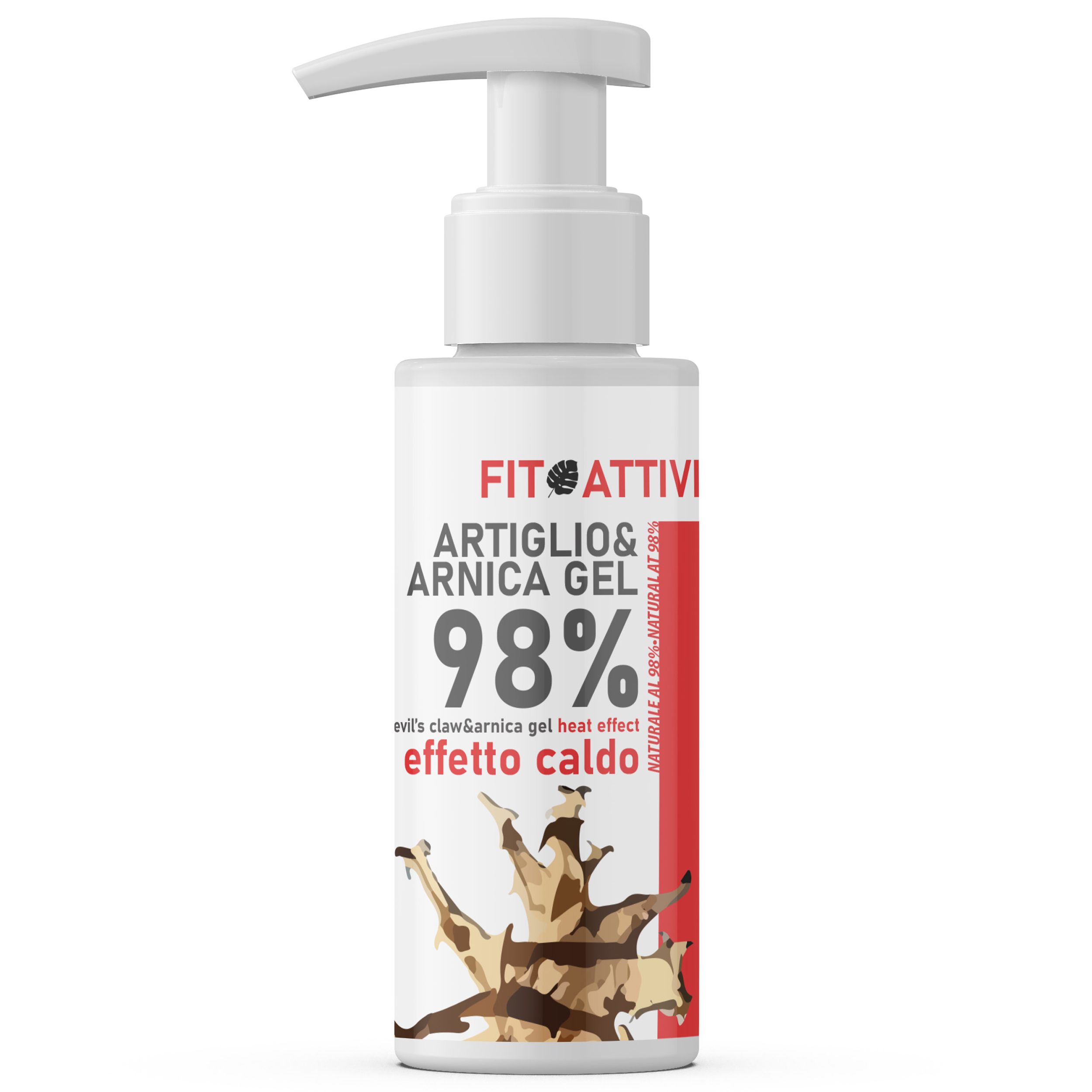 Wit product met pomp. Opschrift: Fitoattivi Artiglio & Arnica Gel 98% warmte-effect.
