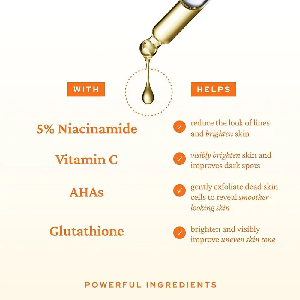Ingrediënten: Niacinamide, Vitamine C, AHA's, Glutathion.