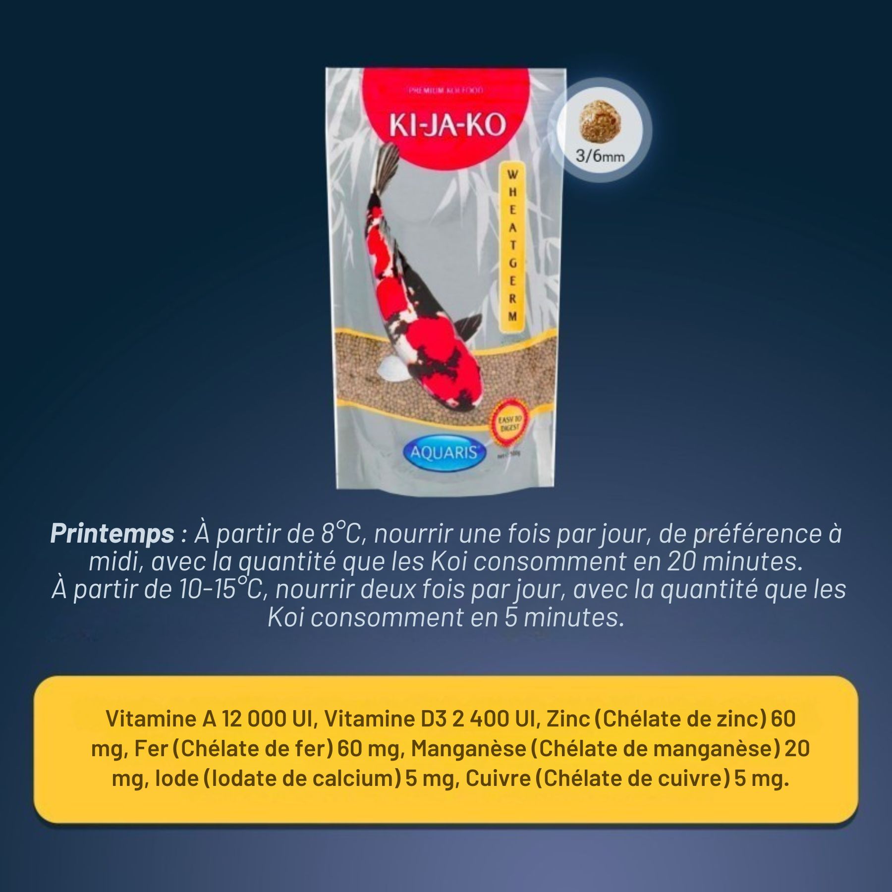 Emballage de nourriture pour carpes koï KI-JA-KO avec instructions d'alimentation et informations nutritionnelles.