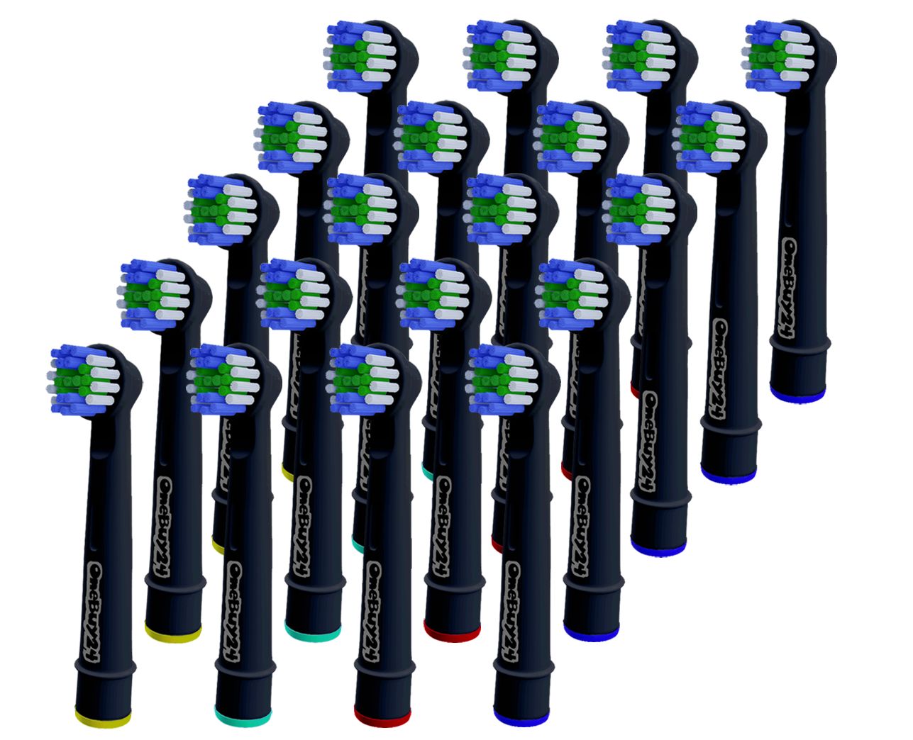 Plusieurs têtes de brosse à dents noires. Soies bleues, vertes et blanches. Manches avec extrémités colorées.