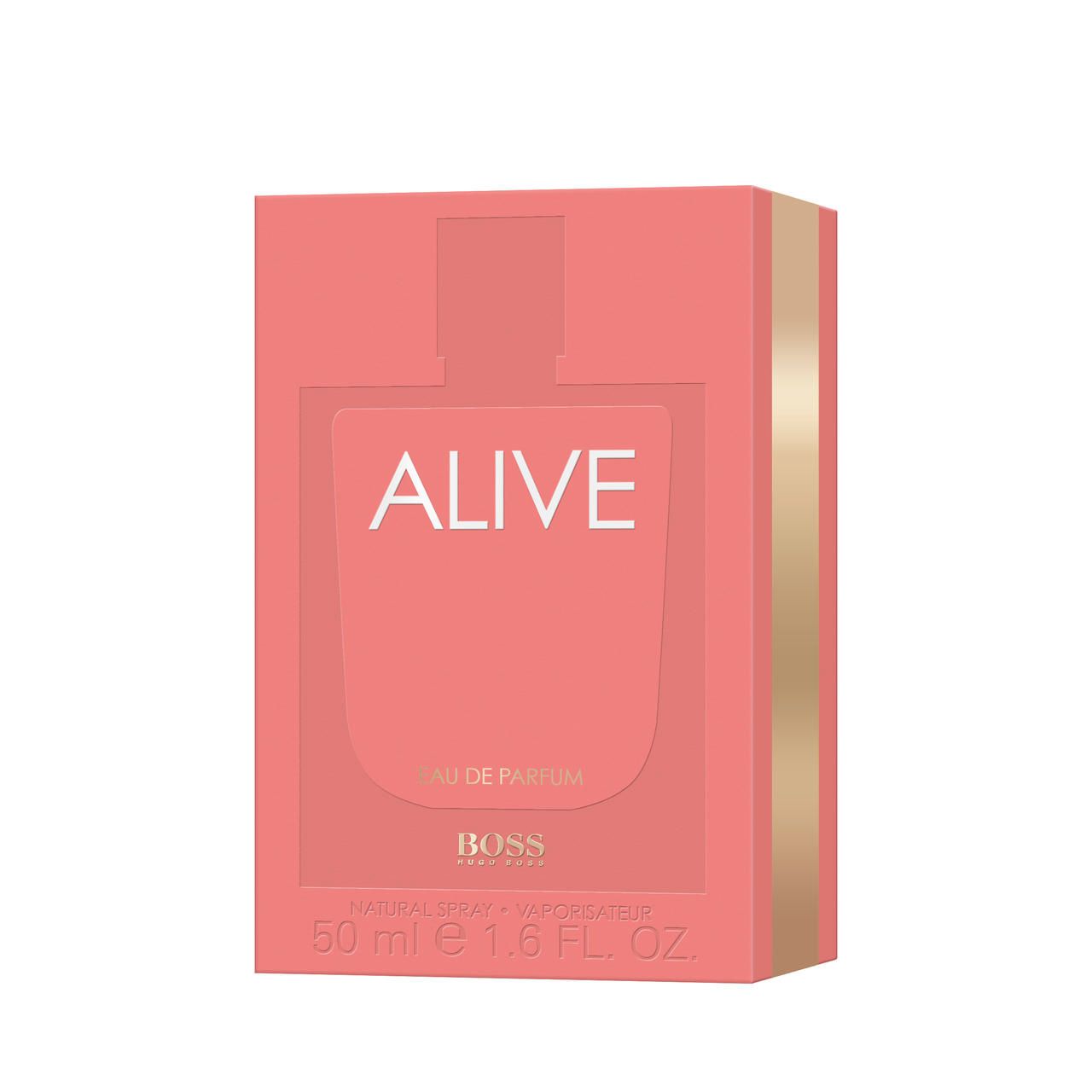 Roze verpakking met "ALIVE" en "BOSS". Opschrift "EAU DE PARFUM".