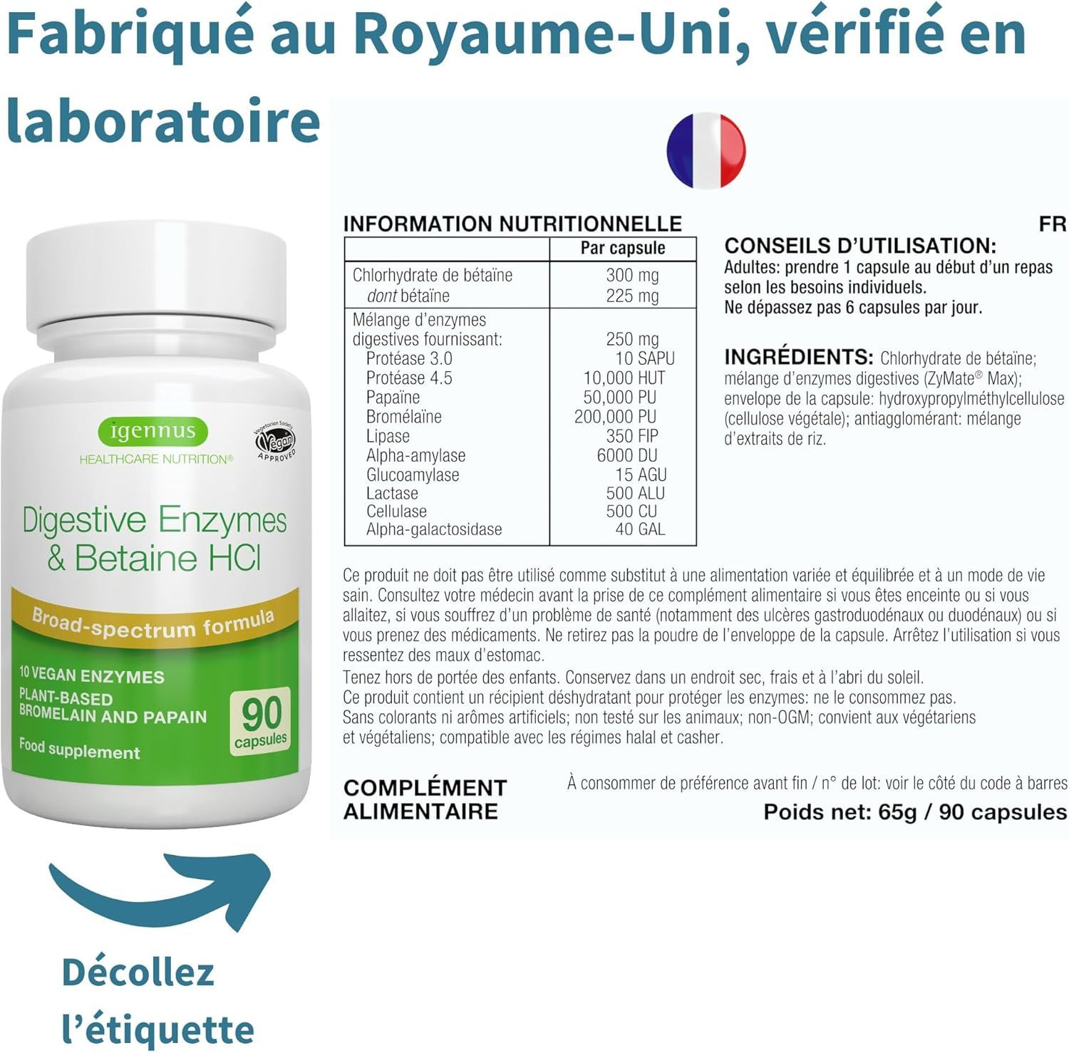 Agennius Enzymes Digestives & Bétaïne HCl, 90 gélules.