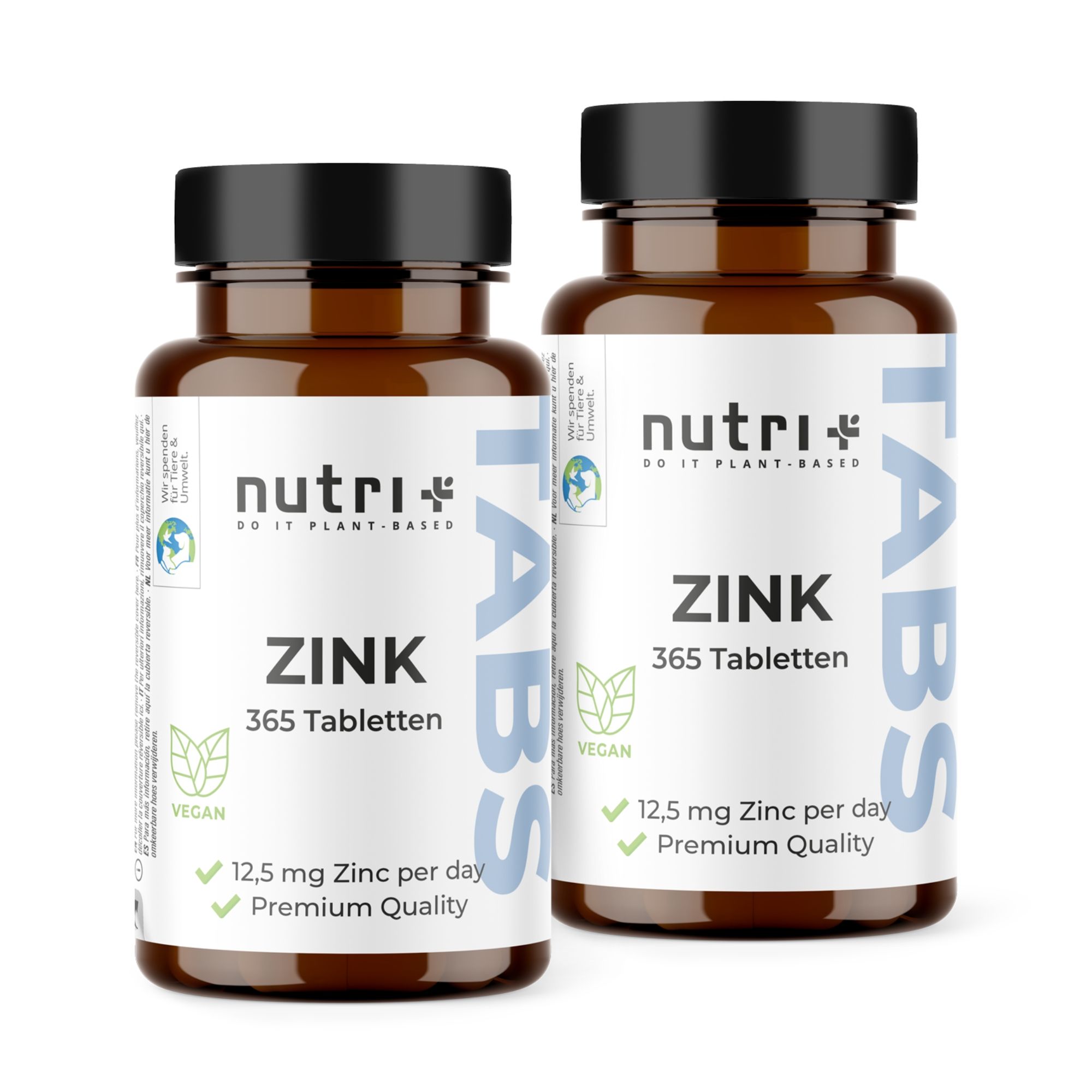 Deux flacons de comprimés de zinc nutri+. Inscription : Zinc, 365 comprimés, 12,5 mg de zinc par jour, qualité supérieure.