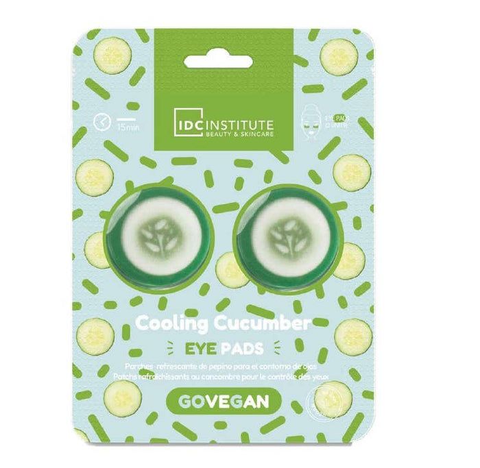 Emballage de coussinets pour les yeux au concombre. Marque: IDC INSTITUTE. Inscription: Cooling Cucumber Eye Pads. GoVegan.