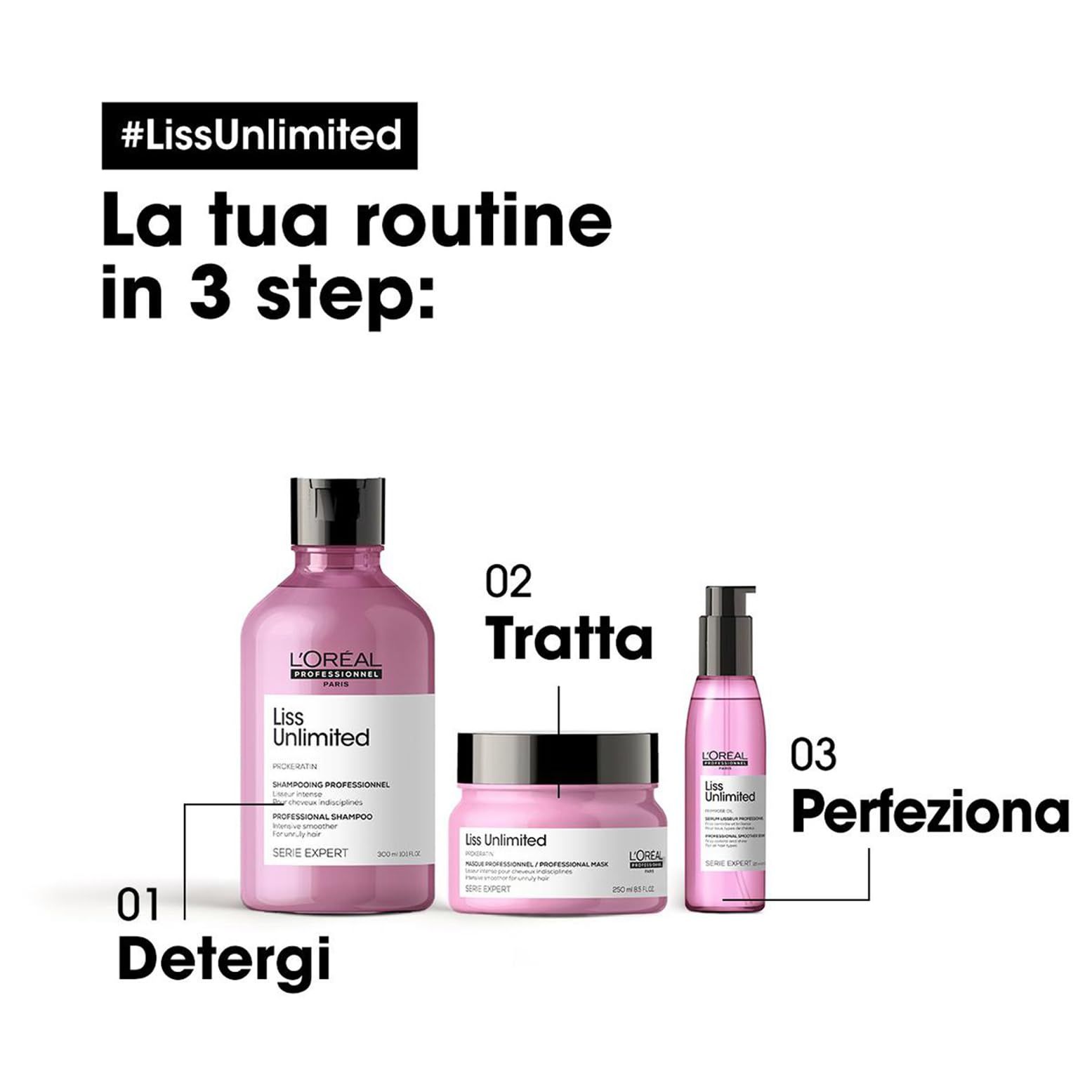 Trois produits: Shampooing, masque et sérum. Texte: Nettoyer, Traiter, Perfectionner. Logo L'Oréal Professionnel.