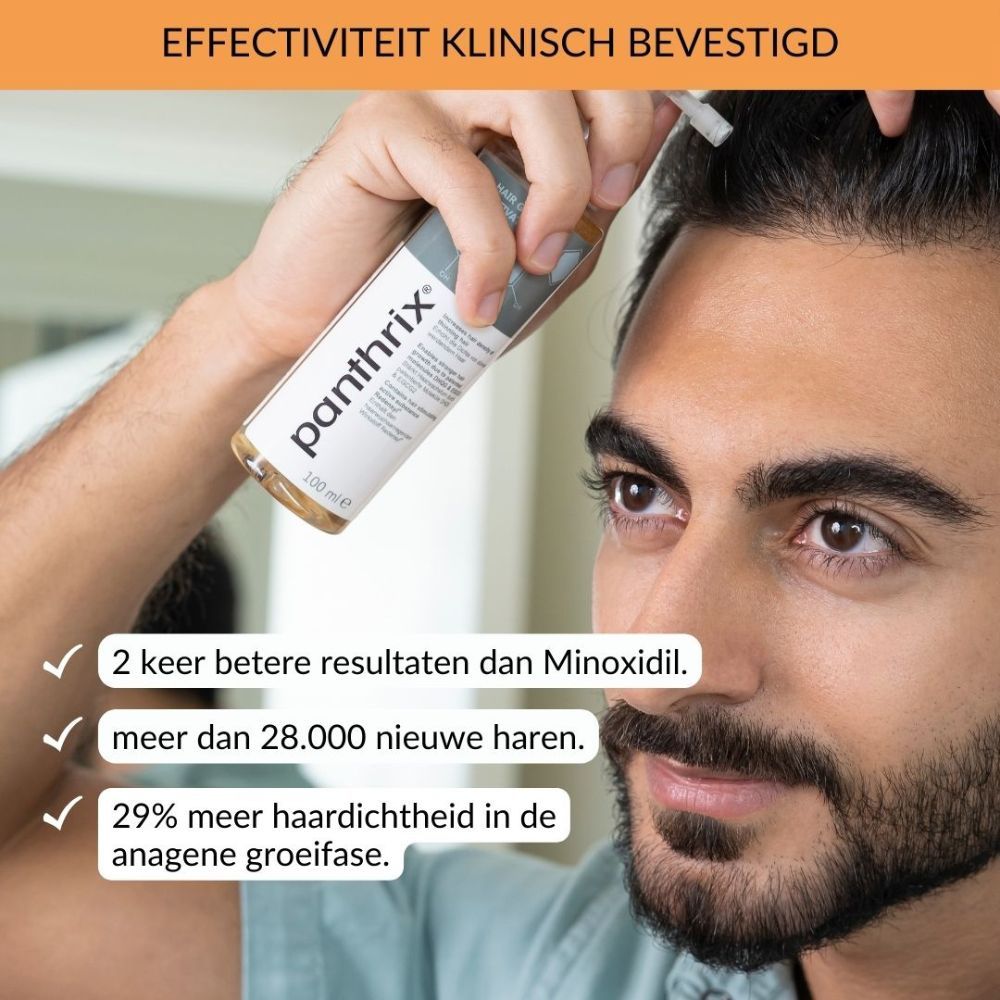 Man houdt shampoo fles vast. Tekst: Effectiviteit klinisch bevestigd. 2x betere resultaten dan Minoxidil.