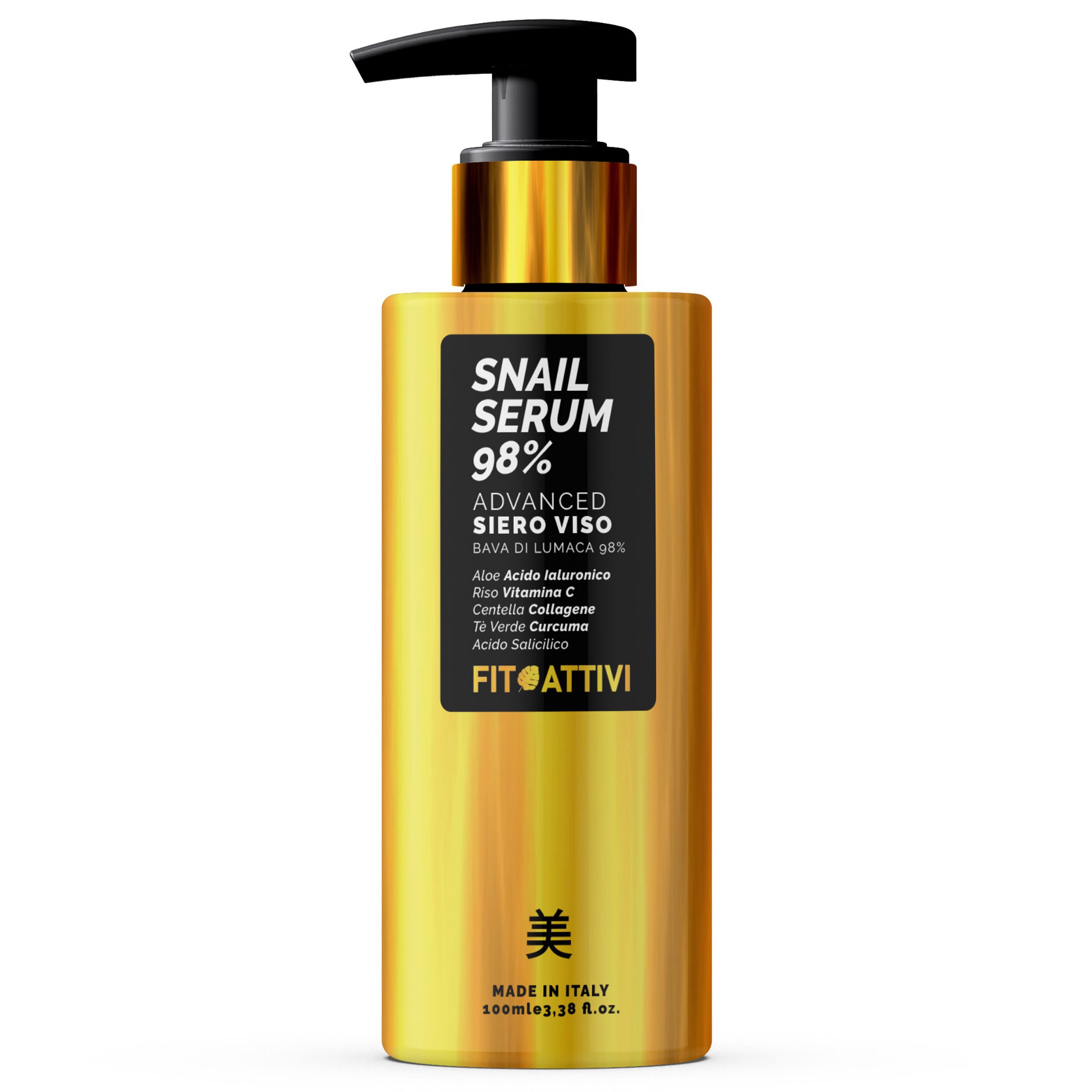 Fitoattivi Snail Serum 98%. Fles met pomp. Tekst: Snail Serum 98%. Ingrediënten: Aloë, hyaluronzuur, collageen, groene thee, kurkuma, salicylzuur.