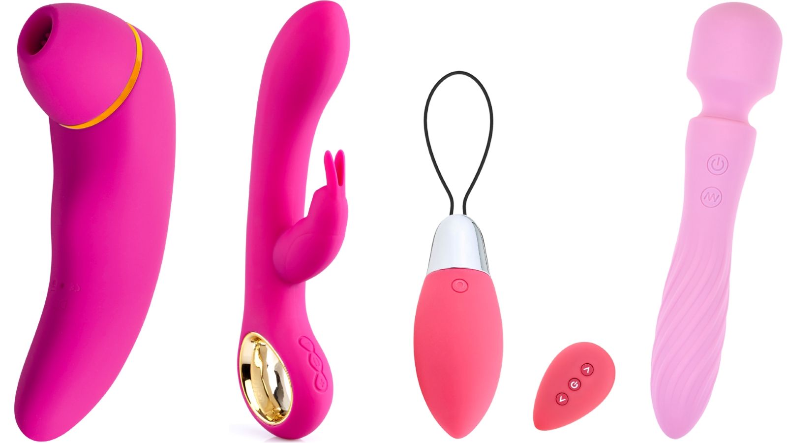 Divers vibrateurs roses. Incluent un modèle avec oreilles de lapin, un avec télécommande et un avec surface cannelée.