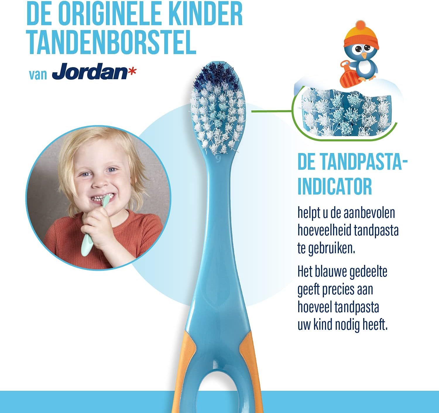 Kinder tandenborstel met pinguïnprint en tandpastaindicator.