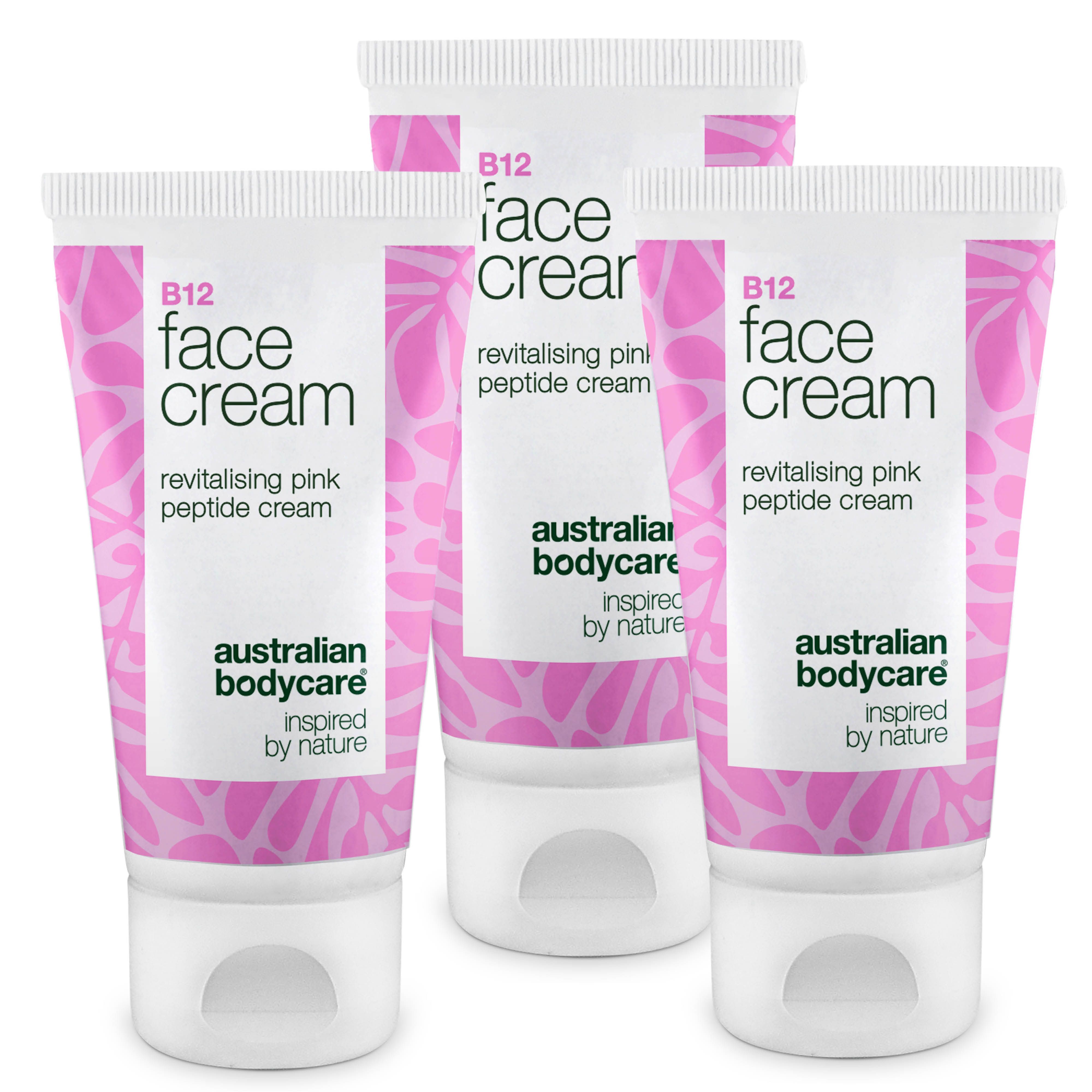 Trois tubes de crème visage B12. Emballage blanc et rose avec motif floral. Inscription : Face Cream, Australian Bodycare.