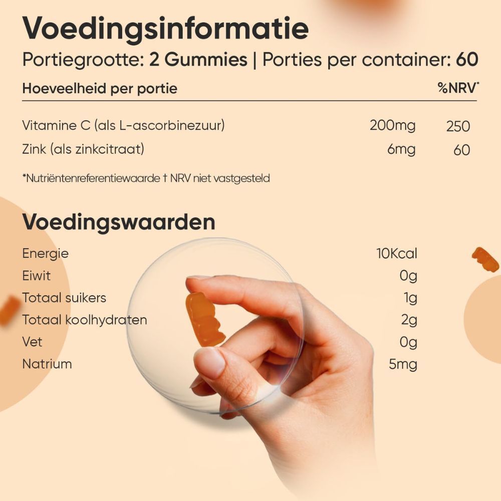Close-up van de voedingsinformatie van WeightWorld Vitamine C & Zink Gummibärchen. Tekst en informatie.