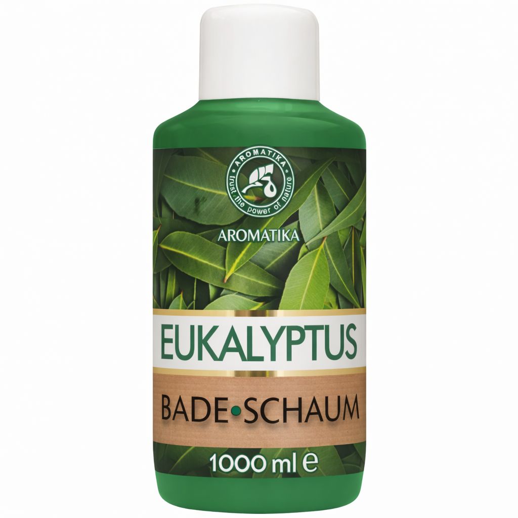 AROMATIKA Badschuim Eucalyptus 1000 ml fles met eucalyptusbladeren.