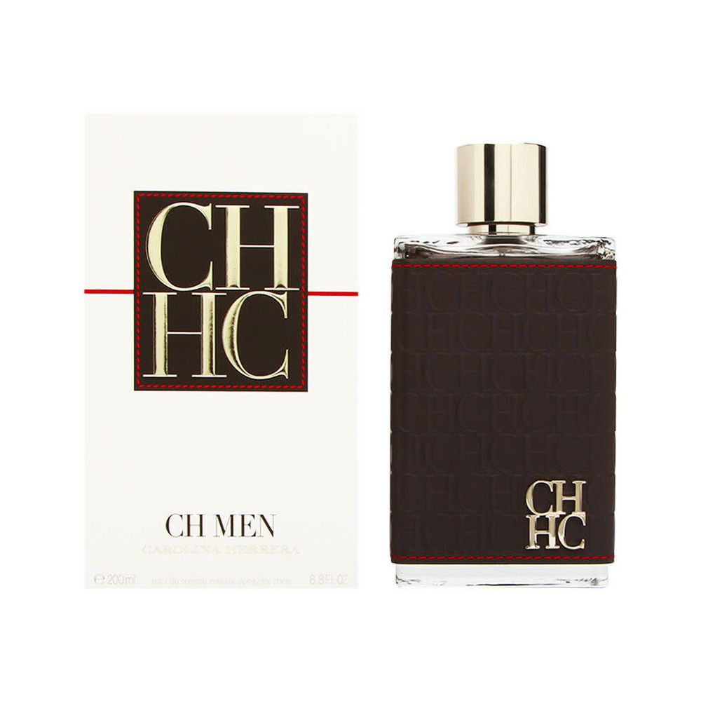Eau de Toilette fles en verpakking. Zwart imitatieleer, rode stiksel, gouden dop. CH HC logo.