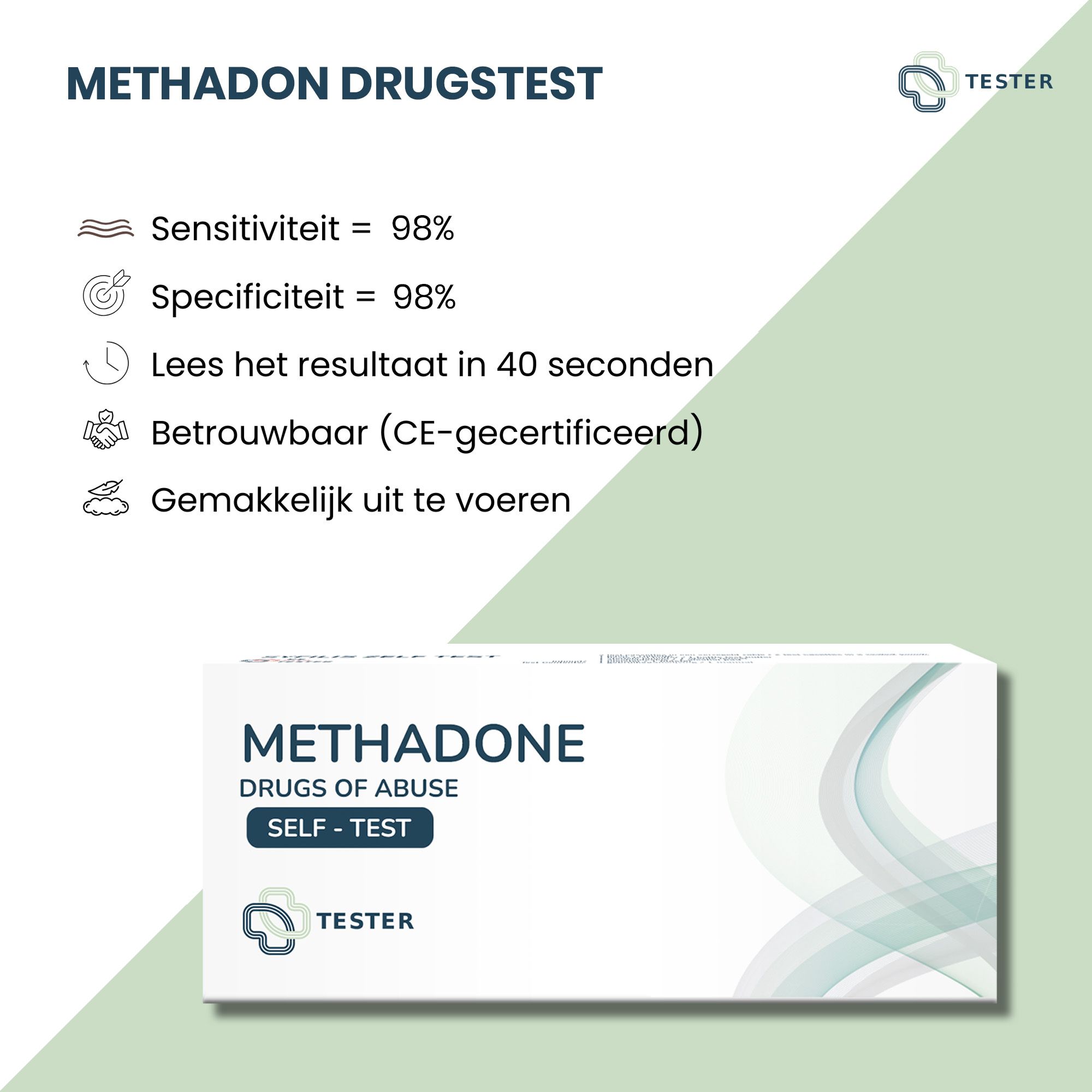 Productverpakking met tekst "METHADON DRUGSTEST". Tekst: Sensitiviteit 98%, Specificiteit 98%, Resultaat in 40 seconden, CE-gecertificeerd.
