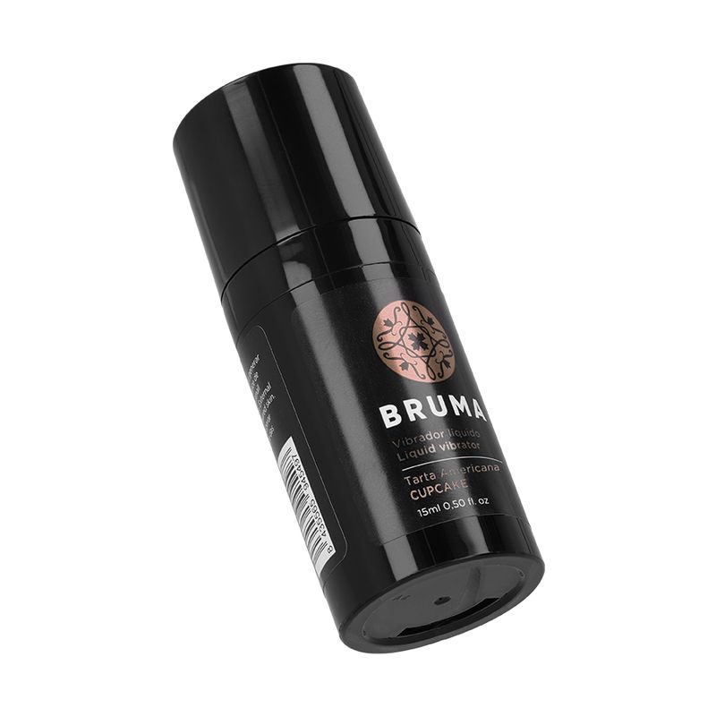 Bruma vloeibare vibrator Cupcake, 15ml. Zwarte fles met dispenser en etiket, schuin van voren getoond.