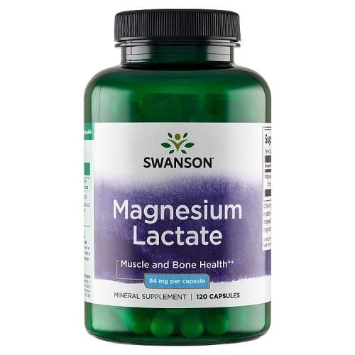 Flacon vert avec bouchon noir. Inscription: SWANSON Magnesium Lactate, 84 mg par capsule, 120 capsules.