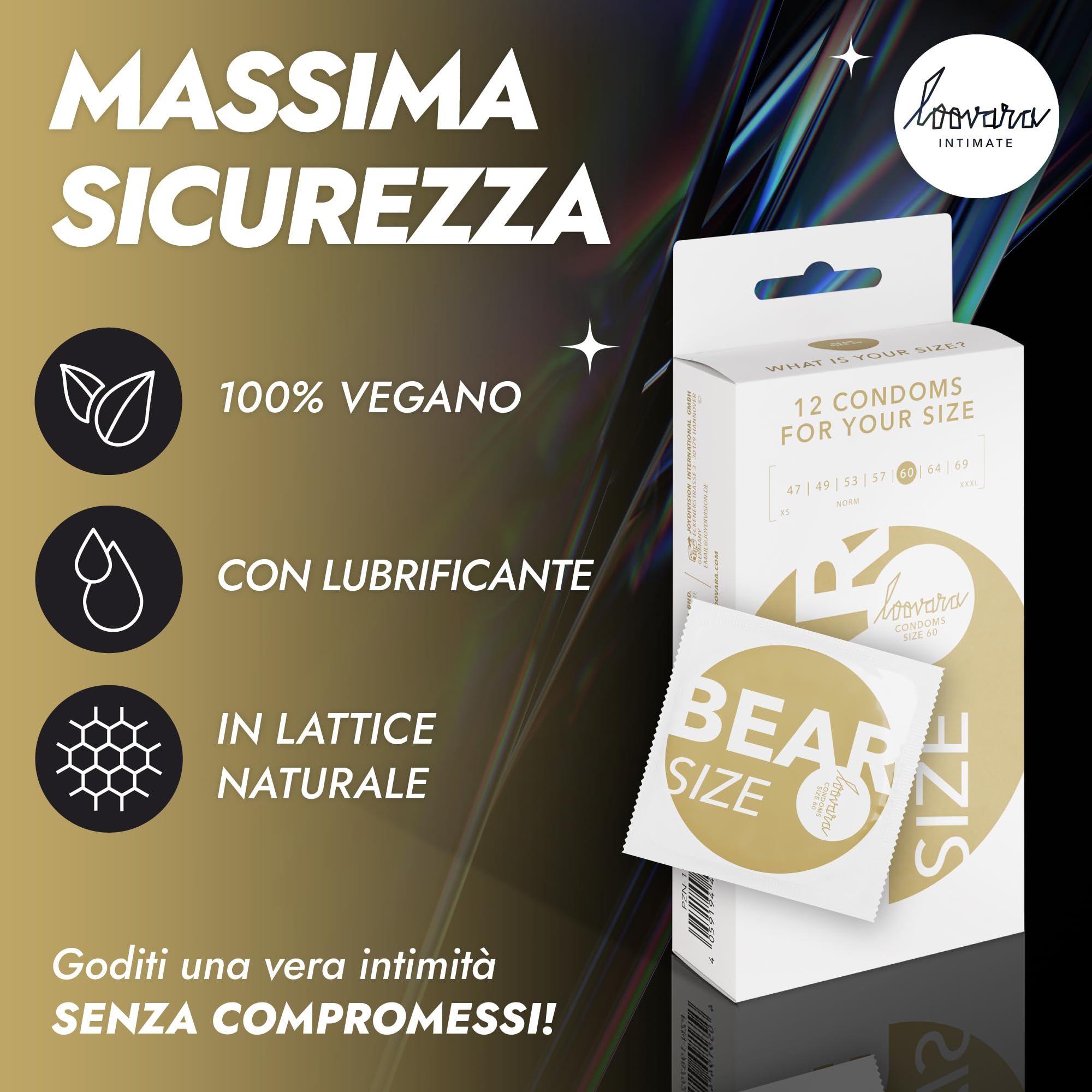 Verpakking Loovara condooms: 100% vegan, met glijmiddel, van natuurlijke latex. Maximale zekerheid.