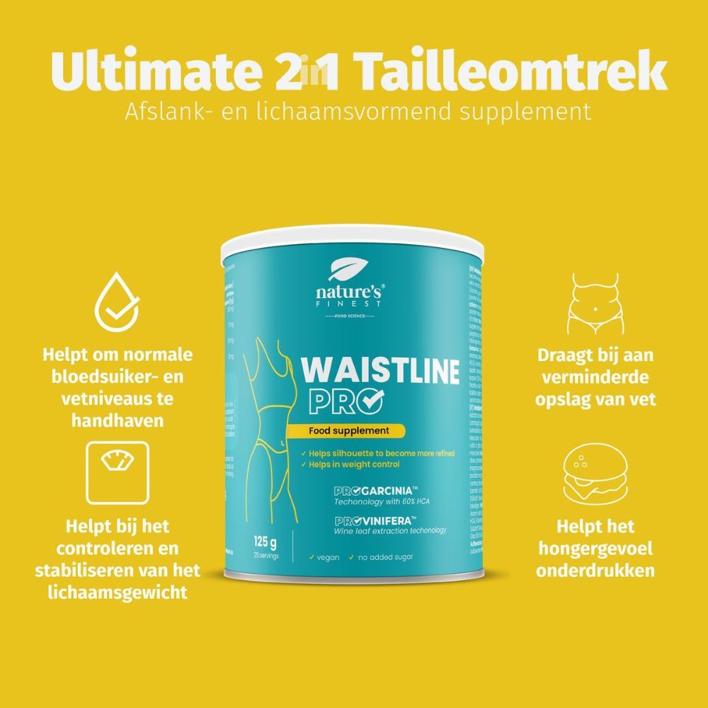 Vrouw houdt pot Nature's Finest Waistline Pro vast. Productinfo, 125g, 25 porties, 25 dagen.