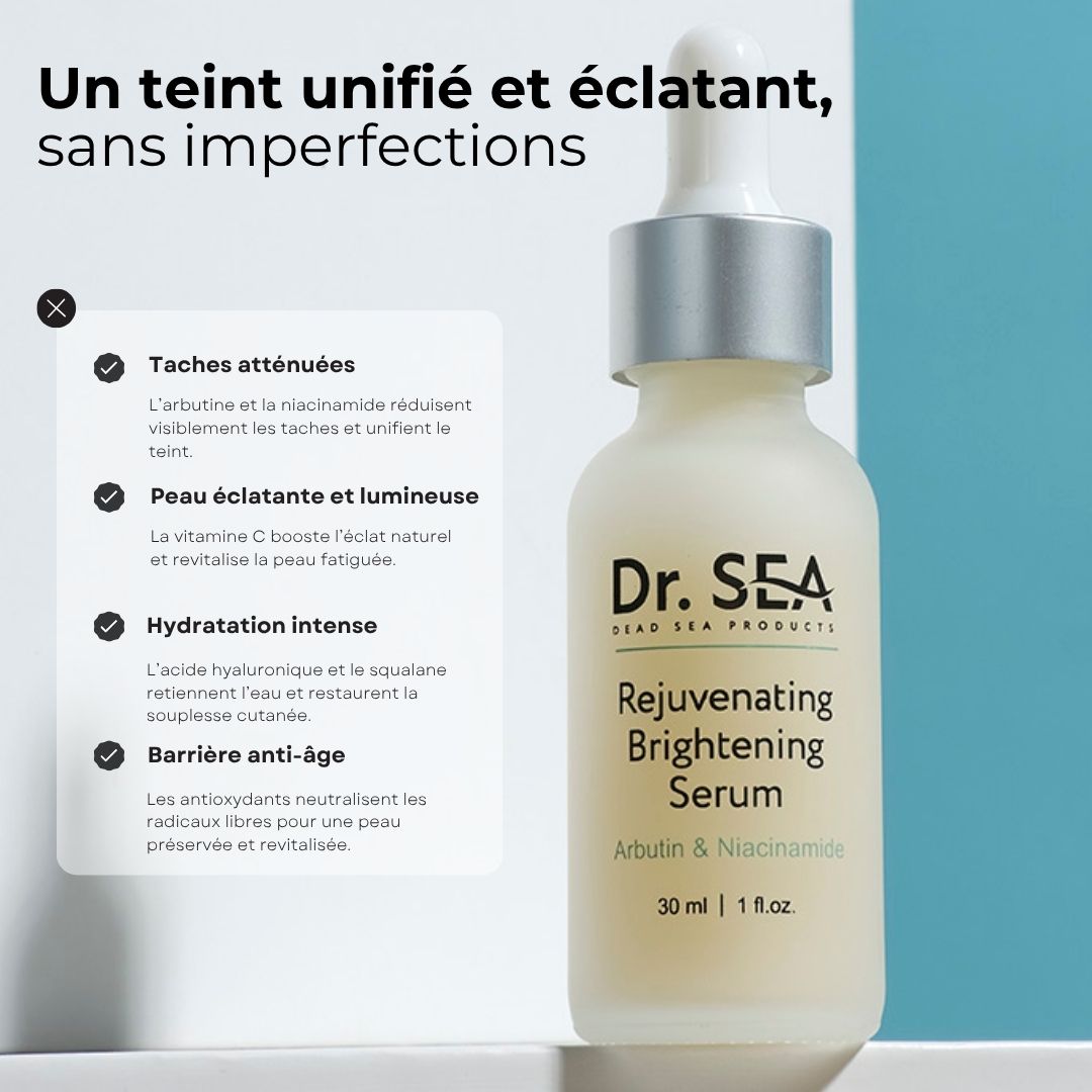 Flacon de sérum avec texte. Texte : Dr. SEA, Rejuvenating Brightening Serum, Arbutin & Niacinamide. Avec infographie.