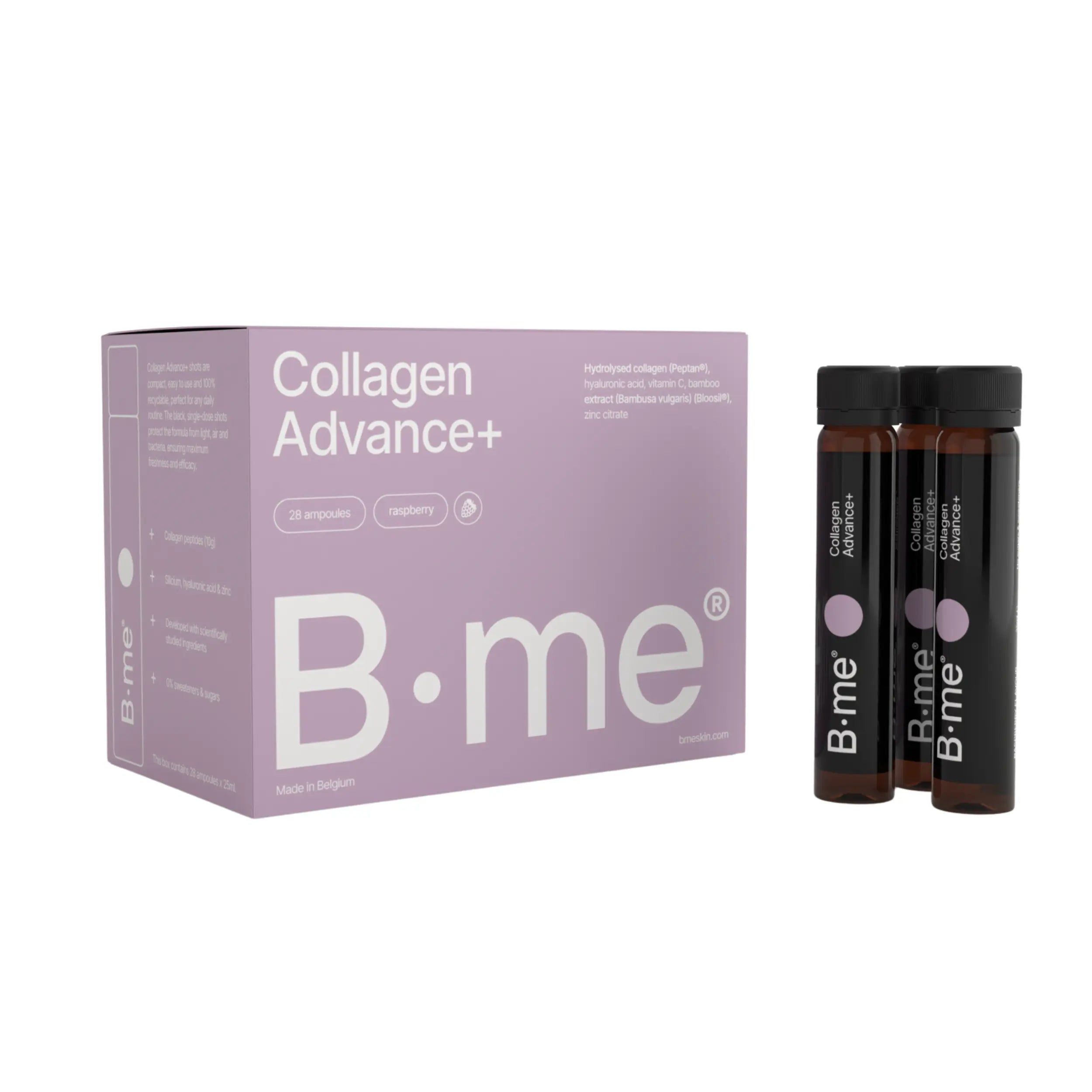 Emballage de B.me® Collagen Advance+ avec trois ampoules. Texte sur l'emballage et les ampoules. Tons roses et blancs.