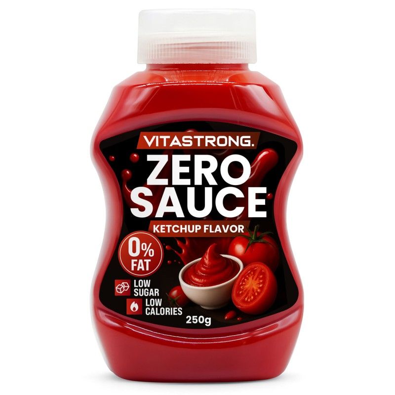 Bouteille rouge de Vitastrong Zero Sauce Ketchup Flavor. 0% de matières grasses, faible teneur en sucre, faible en calories. 250g. Tomates et ketchup.