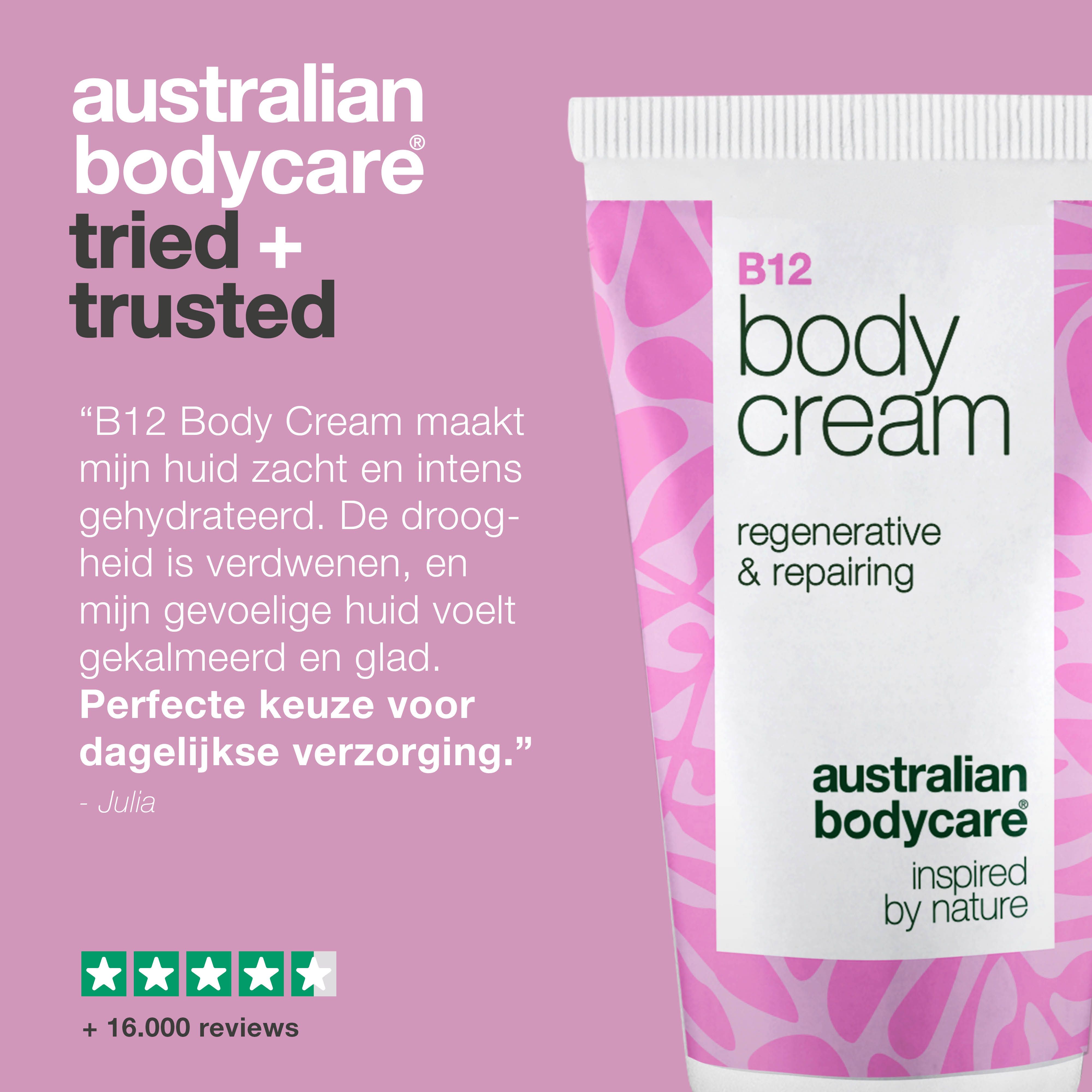 Tube B12 Body Cream met tekst: B12 Body Cream maakt mijn huid zacht en gehydrateerd. Perfecte keuze voor dagelijkse verzorging.