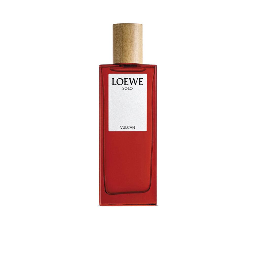 Flacon Loewe Solo Vulcan Eau de Parfum. Flacon rouge rectangulaire avec bouchon en bois. Étiquette blanche avec logo et nom du produit.