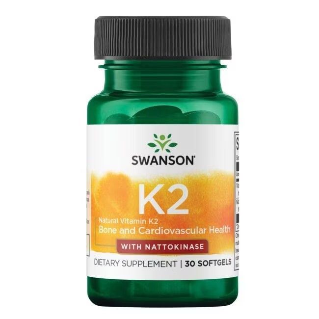 Groene fles met zwarte dop. Label met "SWANSON K2" en "met Nattokinase". 30 softgels.