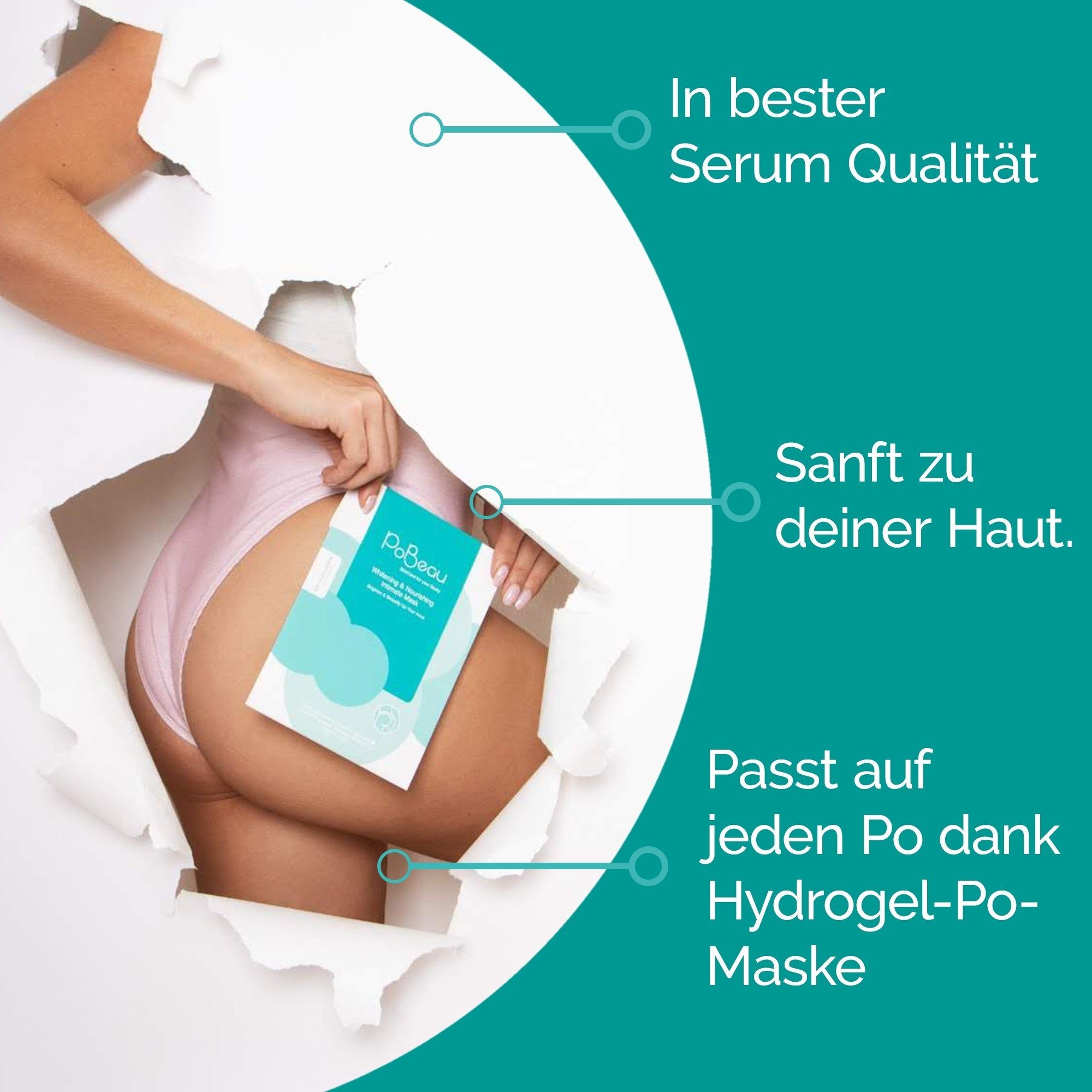 Personne tenant le masque Pobeau. Texte : De la meilleure qualité de sérum, Doux pour votre peau, S'adapte à chaque fessier grâce au masque hydrogel. Fond : papier déchiré.