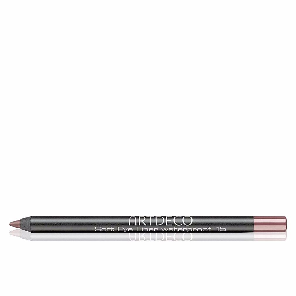 Crayon Artdeco Soft Eye Liner Waterproof 15. Crayon brun foncé avec texte argenté. Pointe et extrémité marron. Inscription: Soft Eye Liner Waterproof 15.