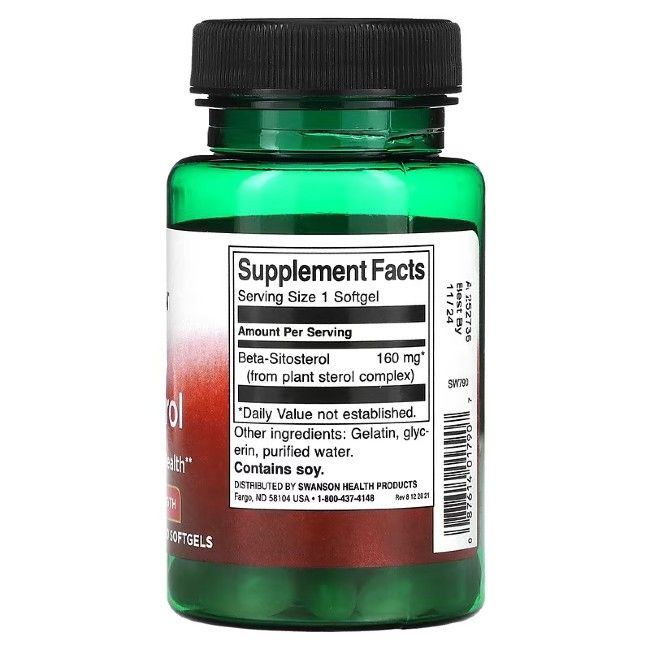 Flacon vert avec bouchon noir. Dos avec informations nutritionnelles: "Beta-Sitosterol 160 mg". Contient du soja.