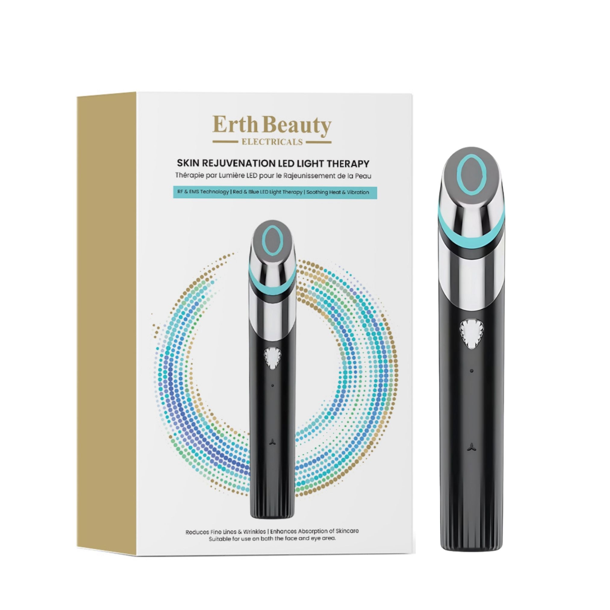 Erth Beauty LED-lichttherapieapparaat en verpakking. Zwart apparaat met blauw licht. Tekst: Skin Rejuvenation LED Light Therapy.