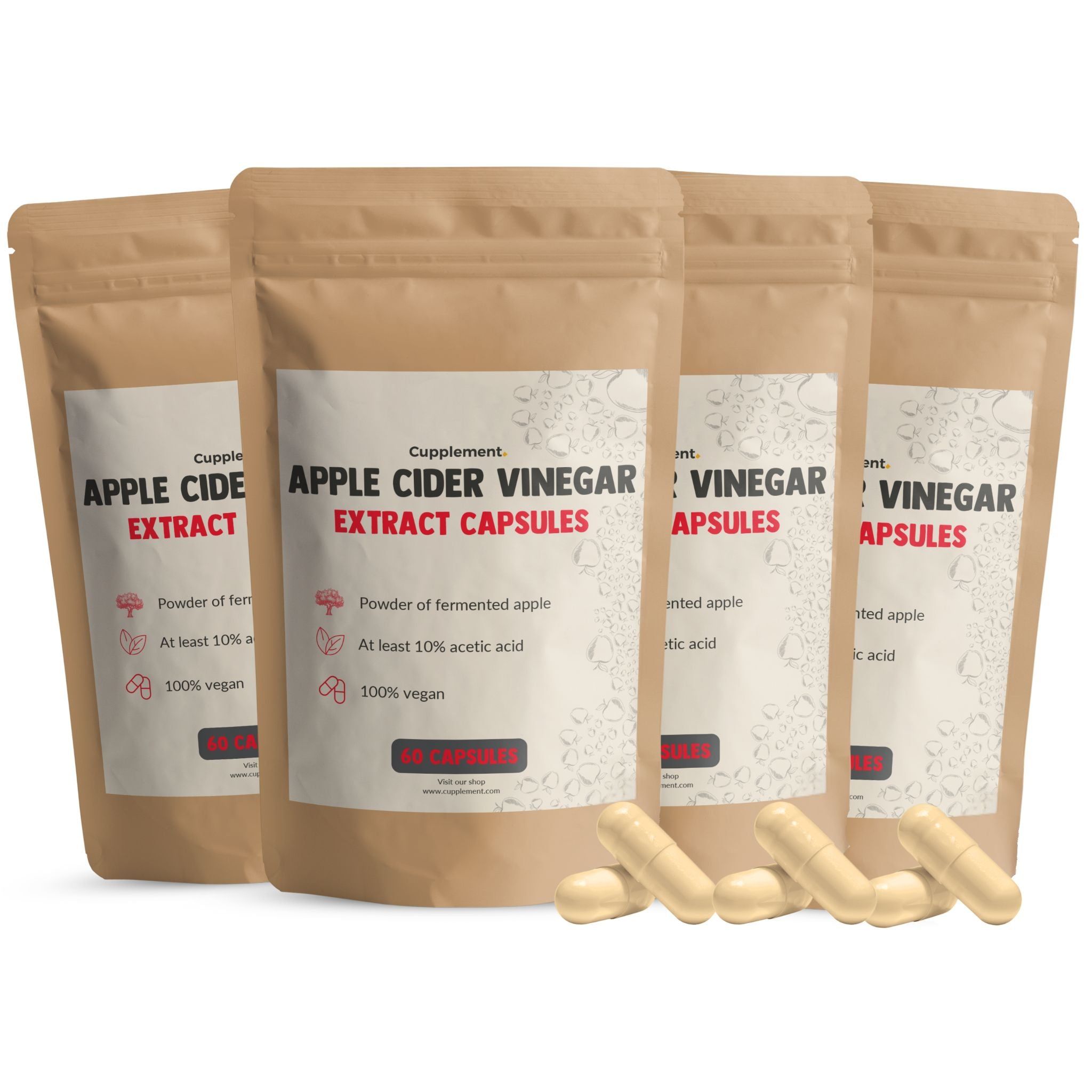 Vier zakjes met appelciderazijn extract capsules. Capsules ernaast. Opschrift: 100% vegan, poeder van gefermenteerde appel.