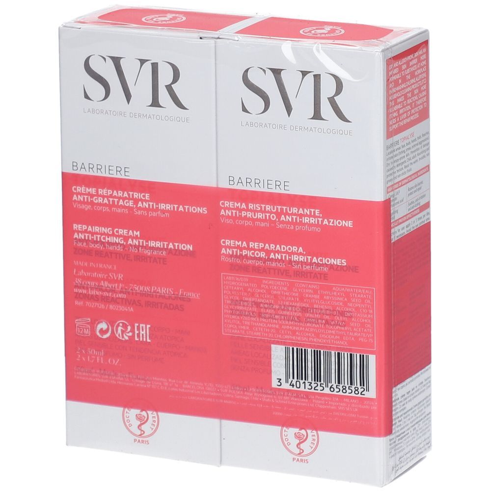 Achterkant van de SVR Barrière Topialyse duoverpakking. Meertalige tekst. Productinformatie en barcode. Witte en rode verpakking.