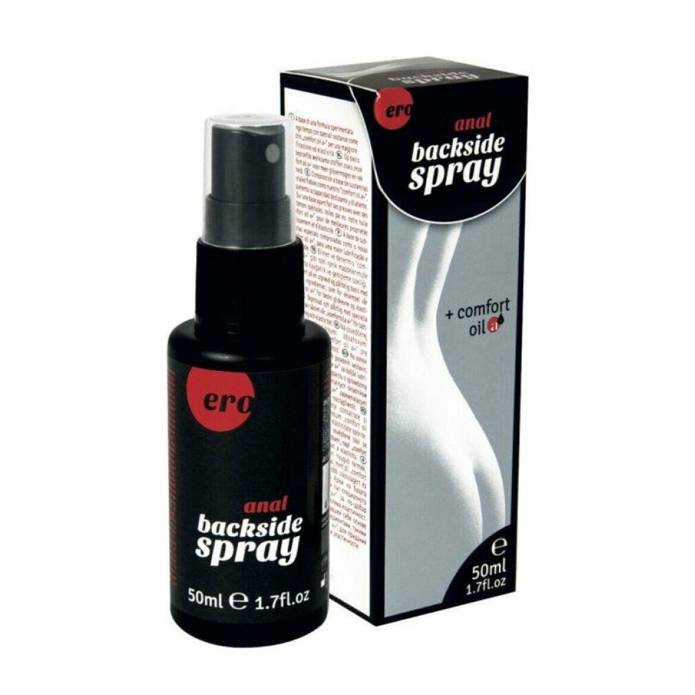 Zwarte spuitfles Ero Anal Backside Spray, 50ml. Daarnaast de verpakking met afbeelding van billen.