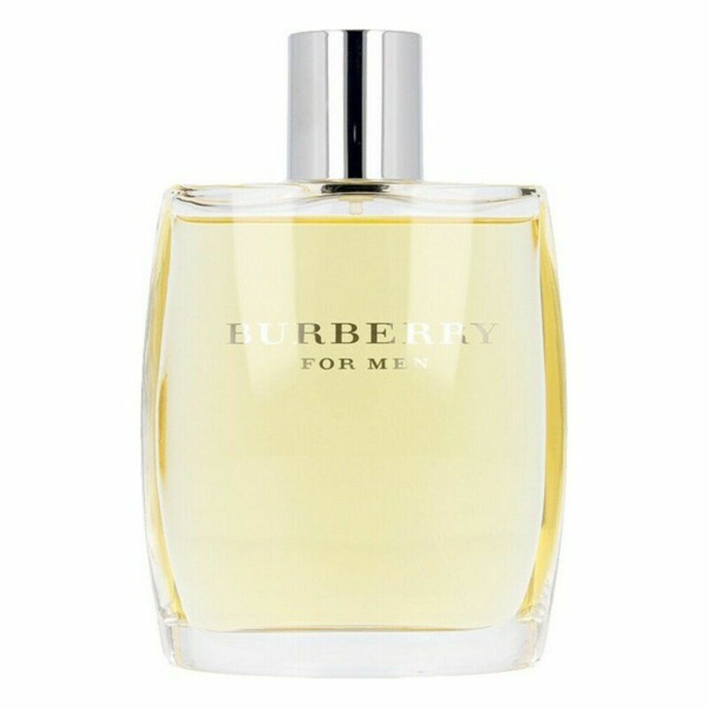 Flacon Burberry For Men Eau de Toilette. Forme rectangulaire en verre, bouchon argenté. Inscription Burberry For Men.