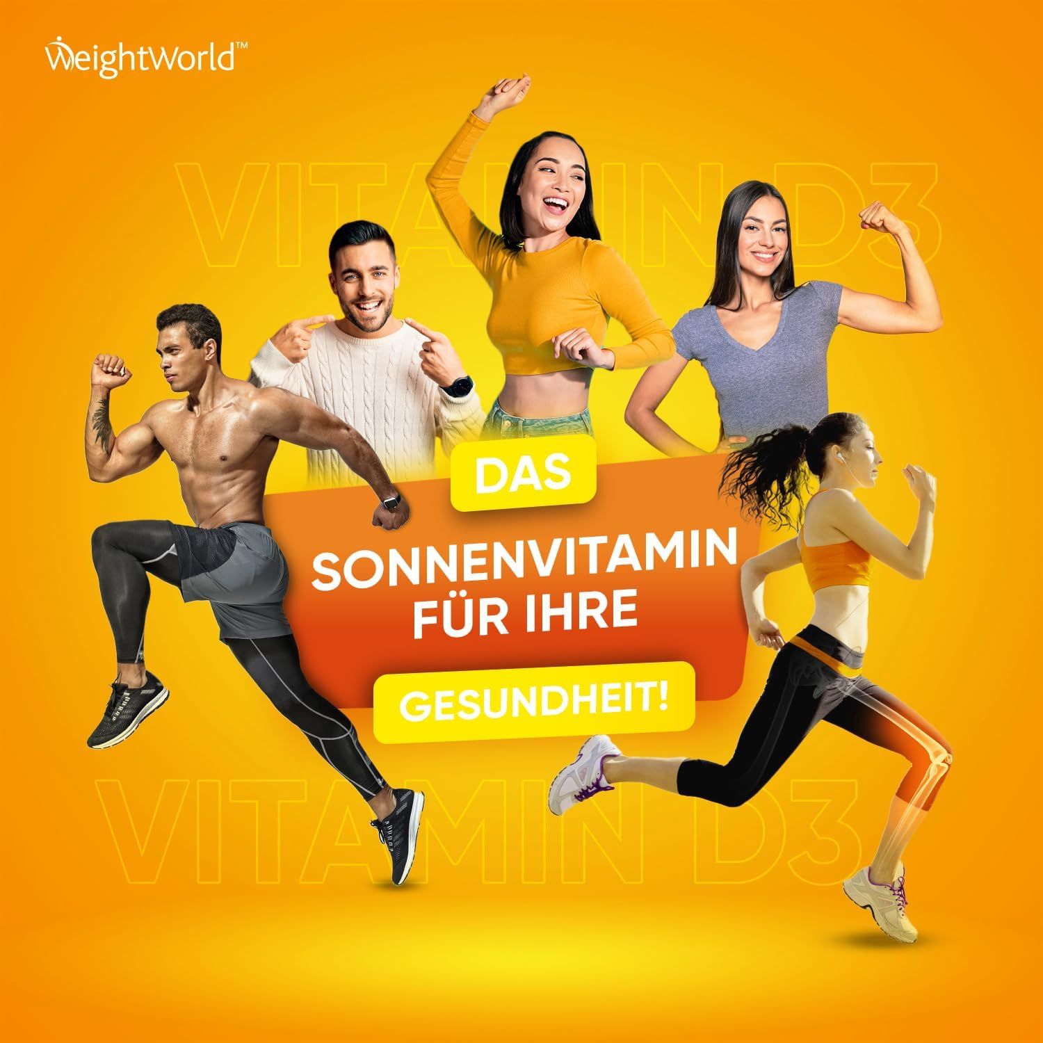 Verschillende mensen op een oranje achtergrond. Tekst: De zonvitamine voor uw gezondheid! Logo: WeightWorld.
