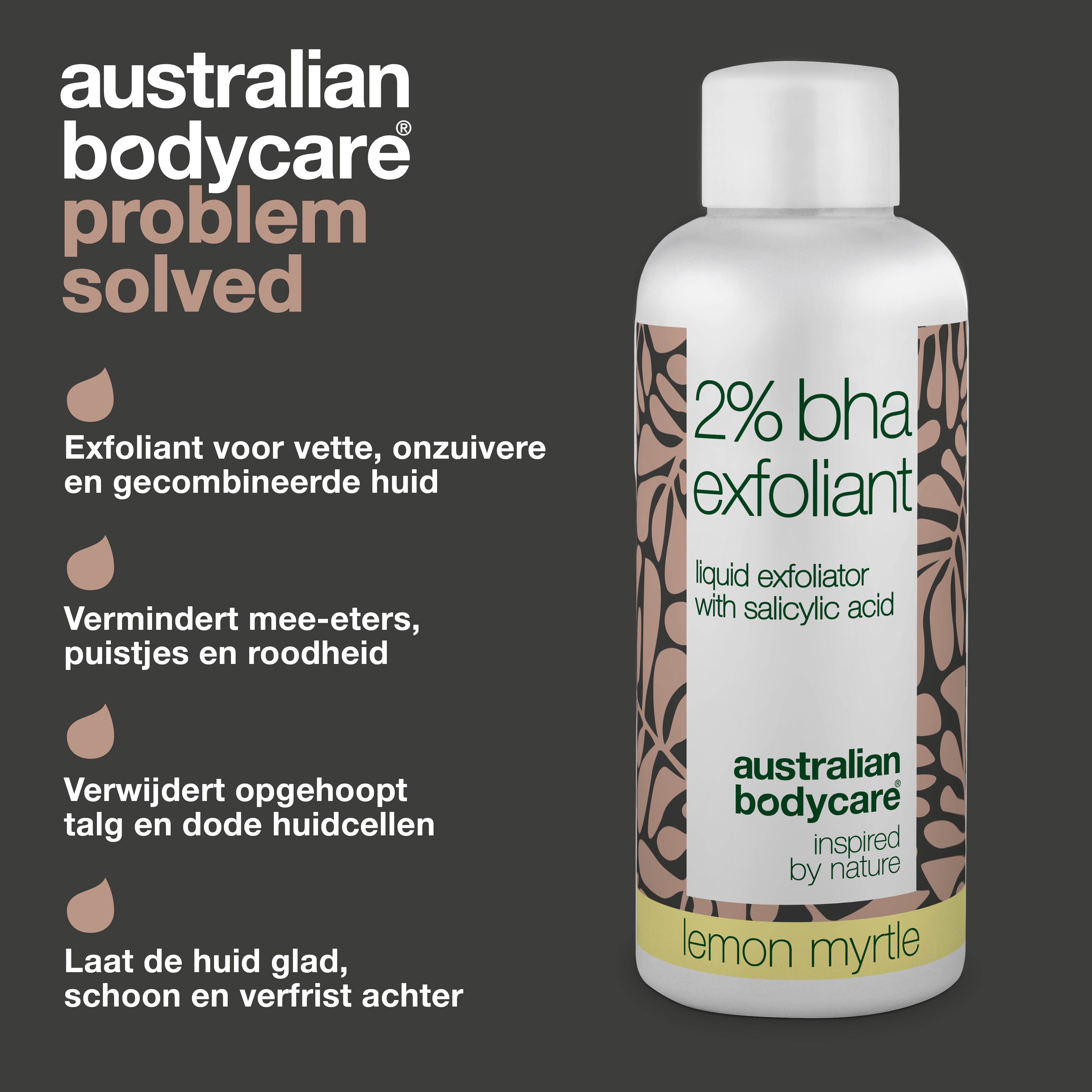 Fles met "2% BHA". Tekst: Vermindert puistjes, verwijdert overtollig talg. Merk: Australian Bodycare.