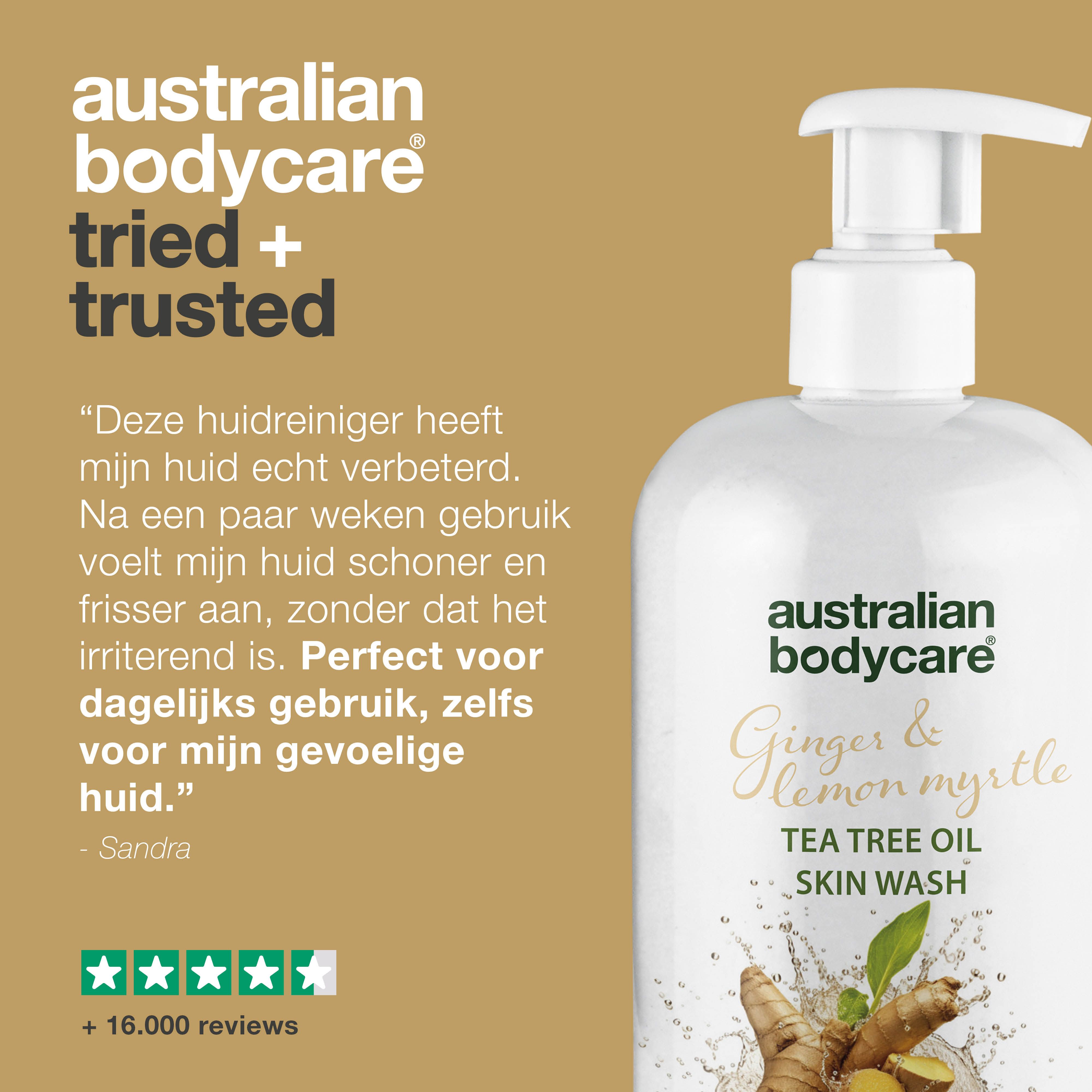Productfles. Tekst: Geprobeerd + vertrouwd. Opschrift: Australian Bodycare, Ginger & Lemon Myrtle, Tea Tree Oil Skin Wash.