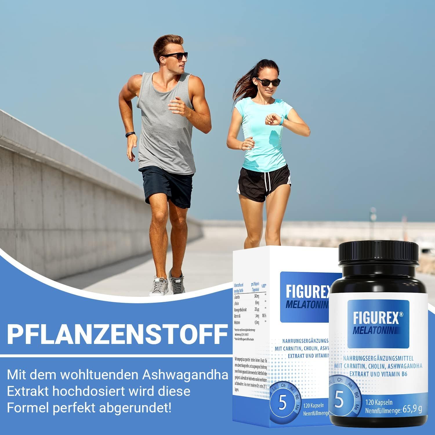Deux coureurs devant un pont. Emballage du produit : FIGUREX Melatonin. Flacon de 120 gélules et informations sur les ingrédients.