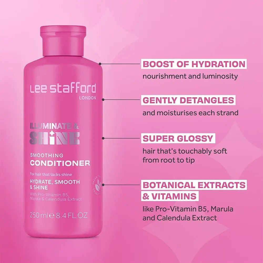 Een roze fles Lee Stafford conditioner met informatievakjes over voordelen zoals hydratatie en ontwarring.