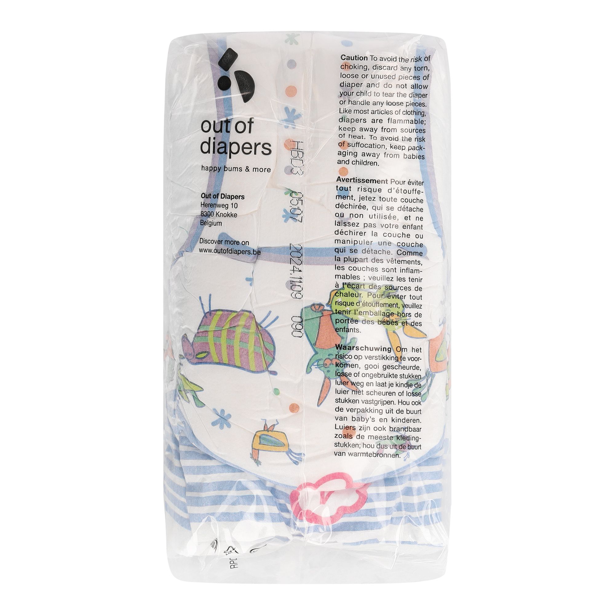 Verpakte luiers met kleurrijke dierentekeningen. Opschrift 'out of diapers'.
