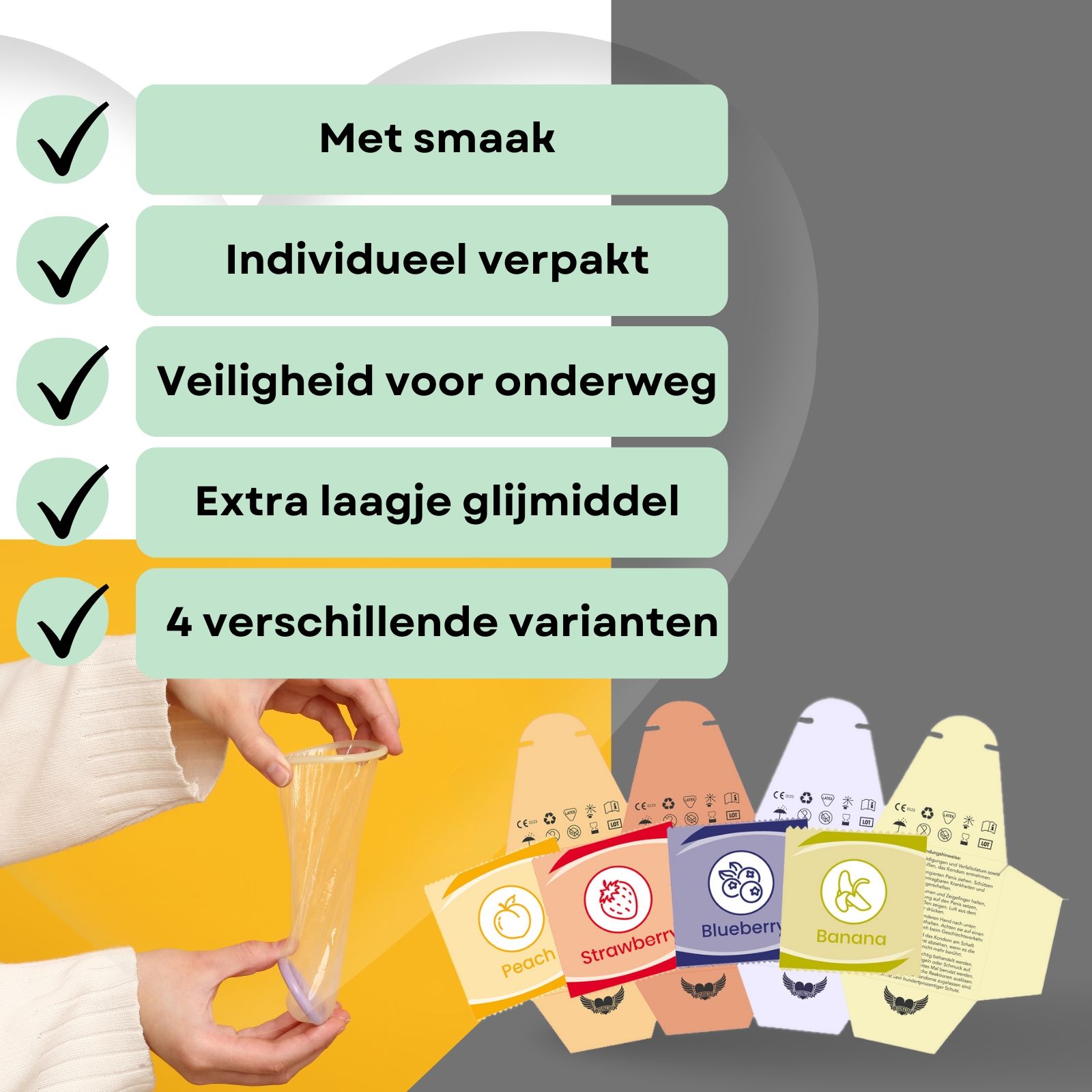 Condooms met smaak. Individueel verpakt. Extra glijmiddel. 4 soorten. Hand houdt condoom.