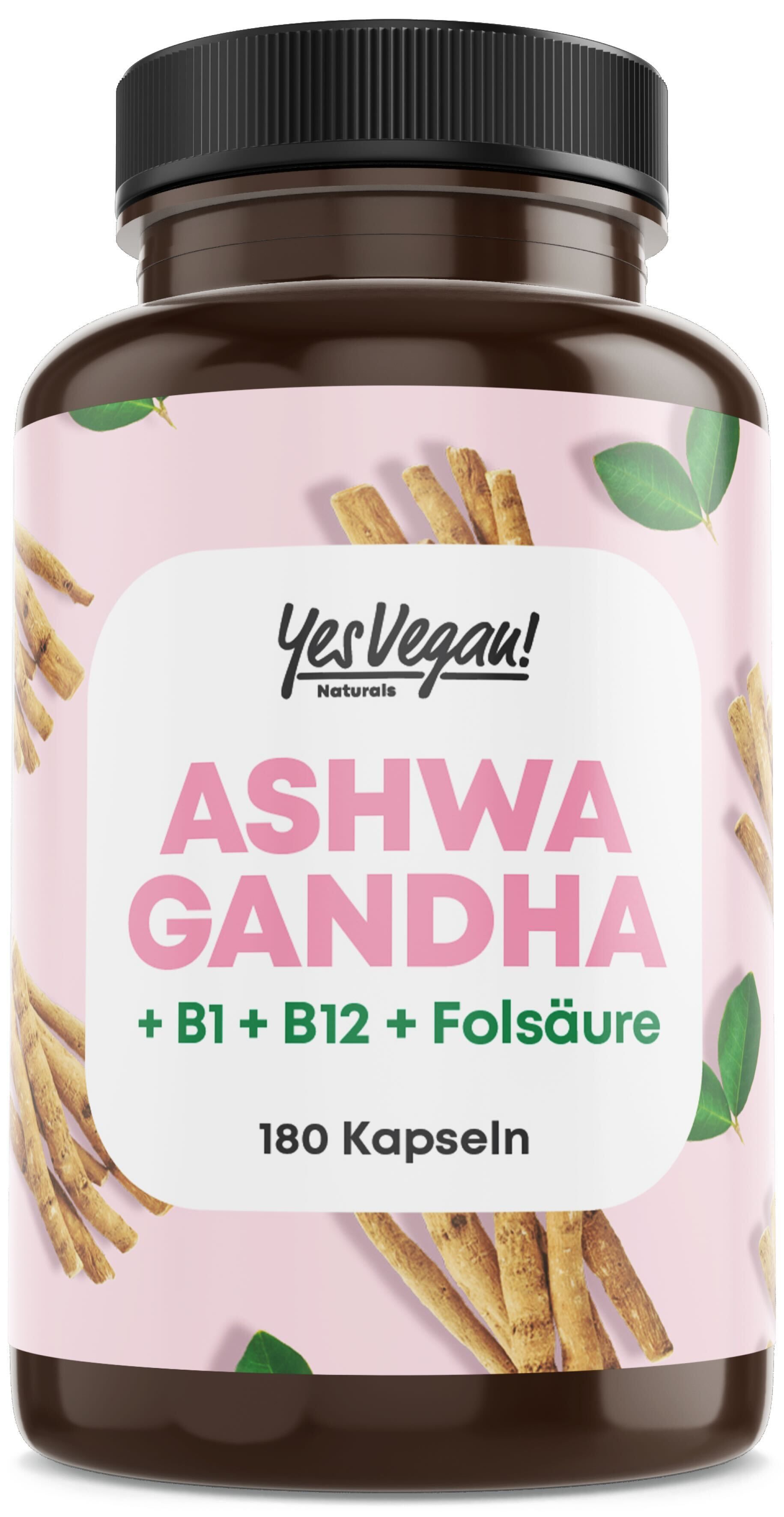 Bruine fles met Ashwagandha capsules. Roze etiket met productinformatie. 180 capsules.