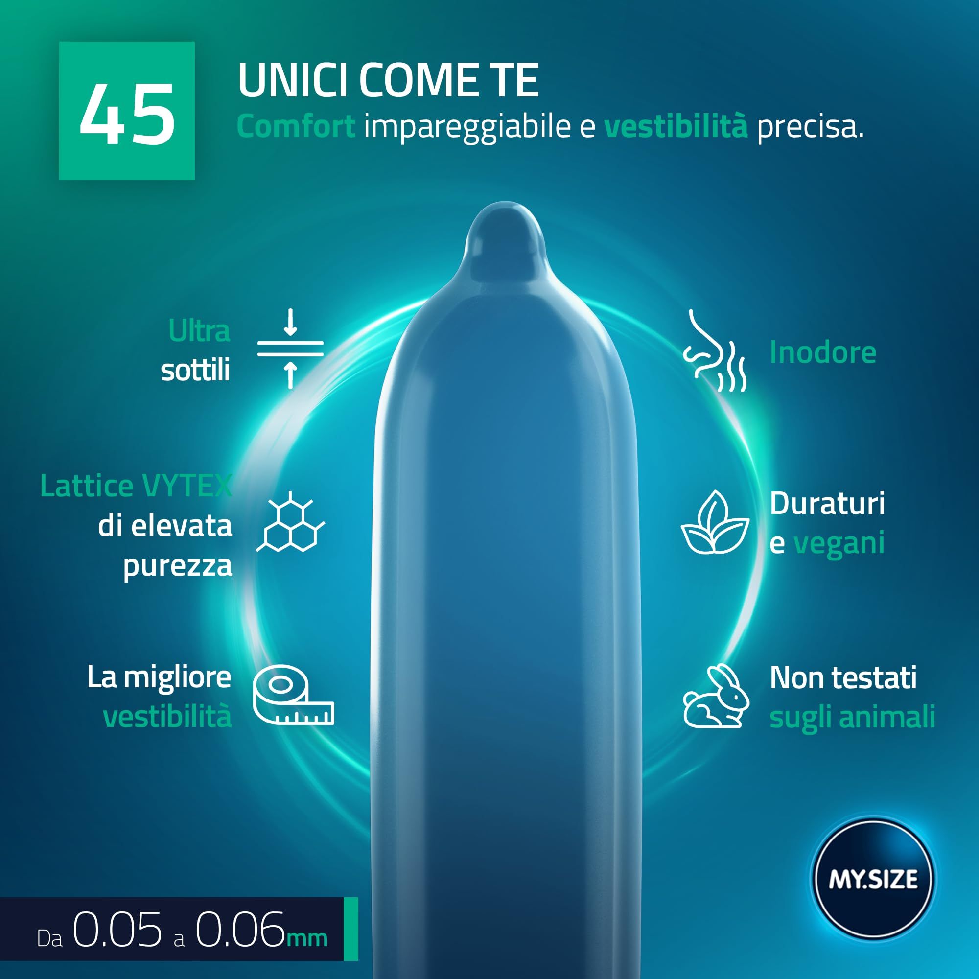 Préservatif MY.SIZE PRO 45mm : ultra-fin, latex VY.TEX, sans odeur, vegan, non testé sur animaux.