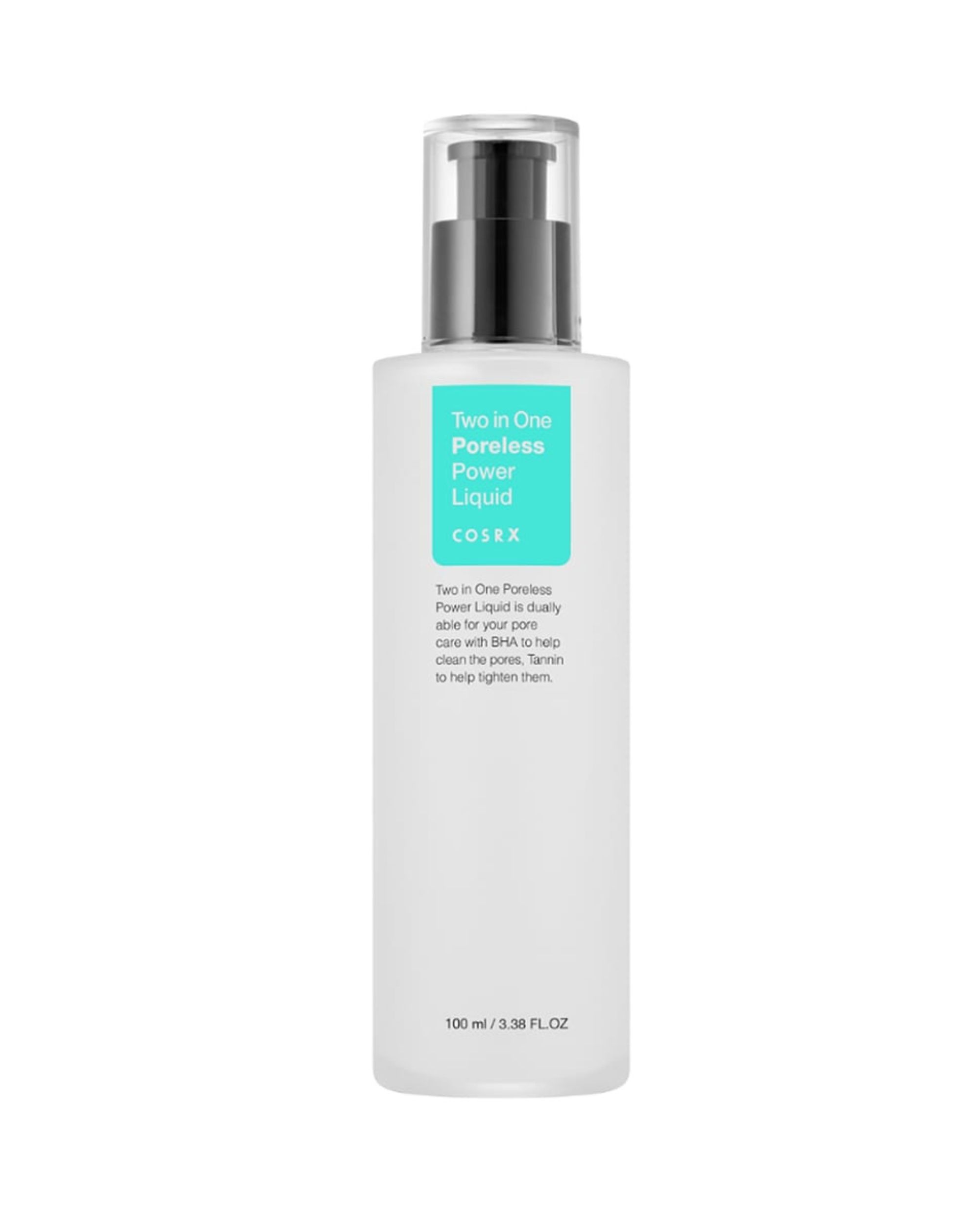 Witte fles met pomp. Opschrift: Two in One Poreless Power Liquid, COSRX. 100 ml.