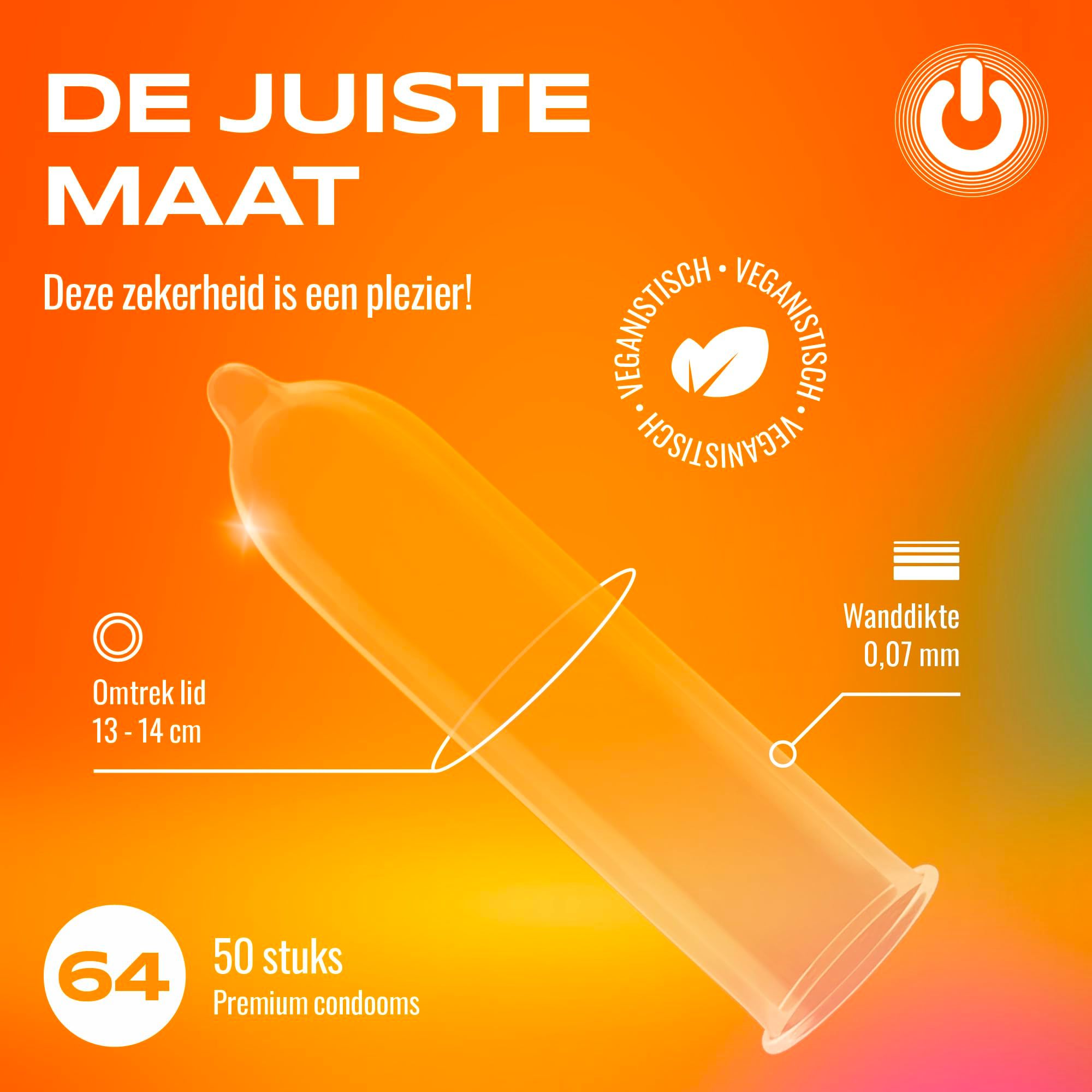 Oranje verpakking ONsize condooms 64mm, 50 stuks. Individuele verpakking ernaast.